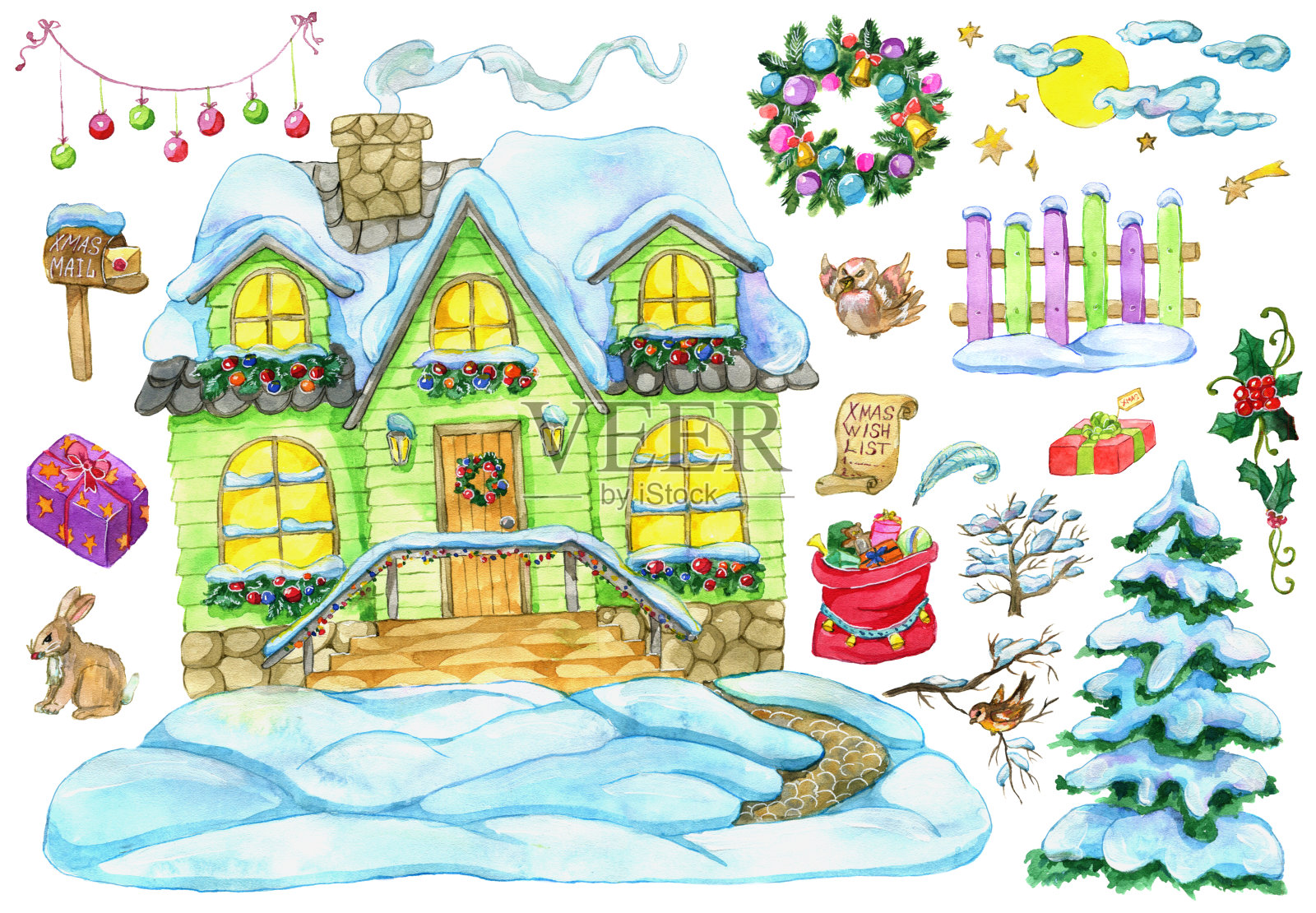 圣诞和新年设计集乡村别墅，圣诞老人与鹿，礼物，节日物品插画图片素材