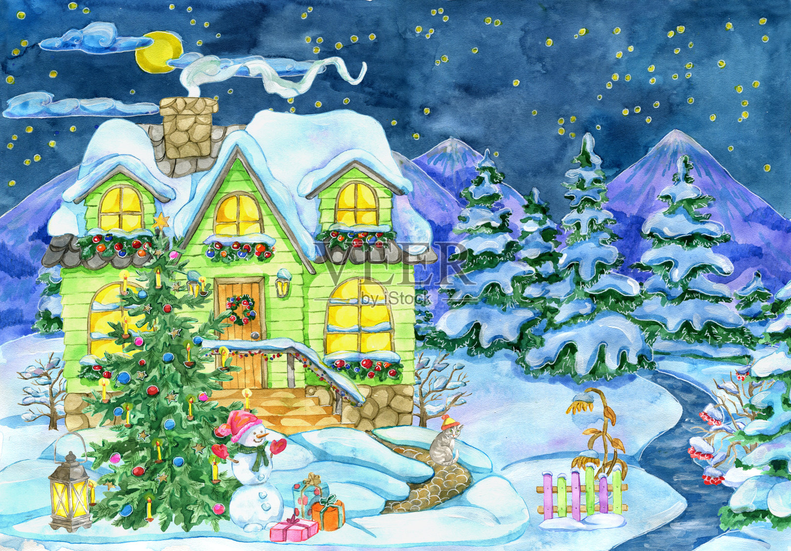 圣诞和新年贺卡小屋和装饰冷杉树设计模板素材