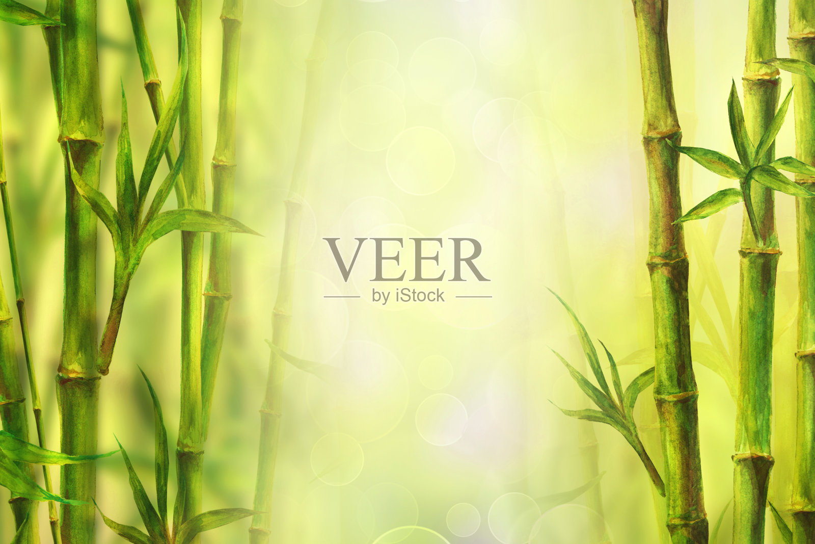 竹林温泉背景。水彩手绘绿色植物插图与文字空间设计元素图片