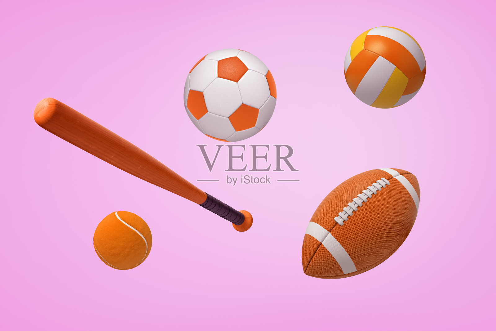 足球，美式足球和网球的几个橙色球的3d渲染，与一个棒球棒在一个粉红色的背景。照片摄影图片