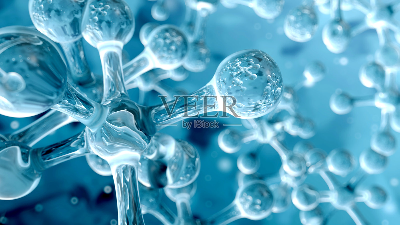 蓝色背景上的原子(分子)结构照片摄影图片
