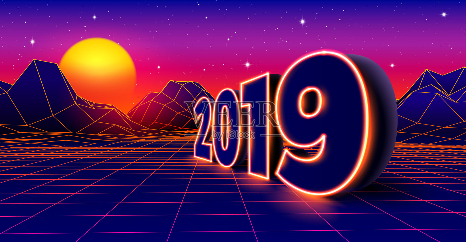 2019年80年代风格复古除夕庆祝霓虹灯与街机游戏网格景观和黄色太阳插画图片素材
