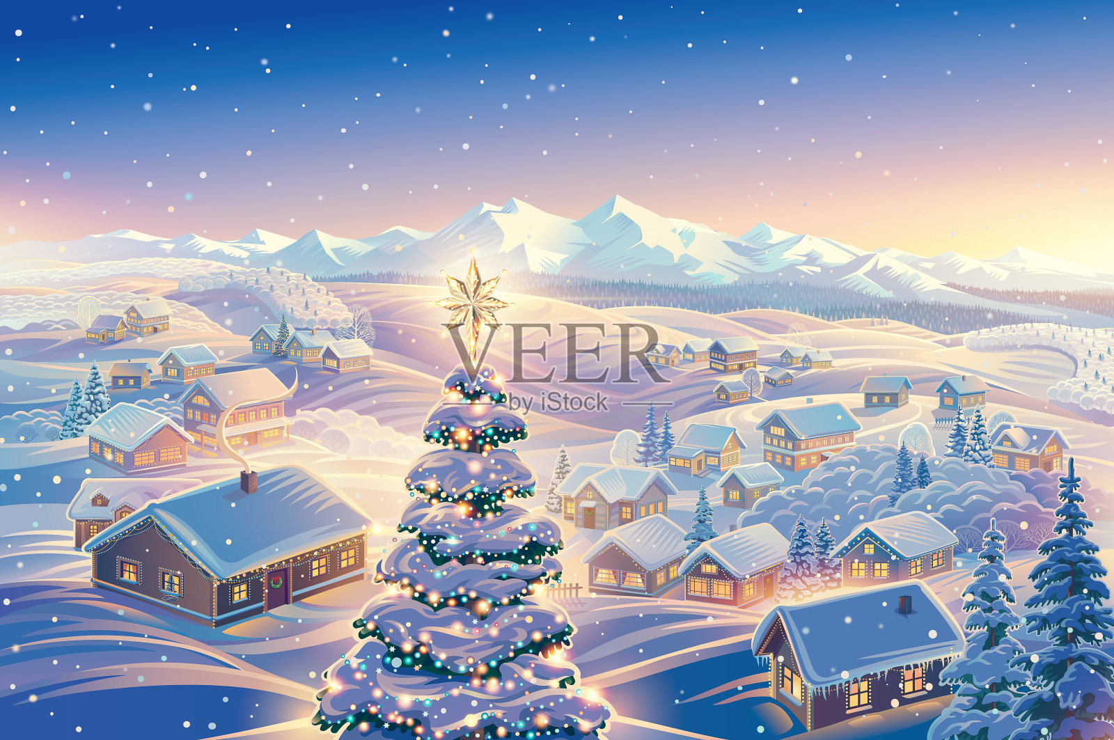 节日装饰圣诞树的冬季景观插画图片素材