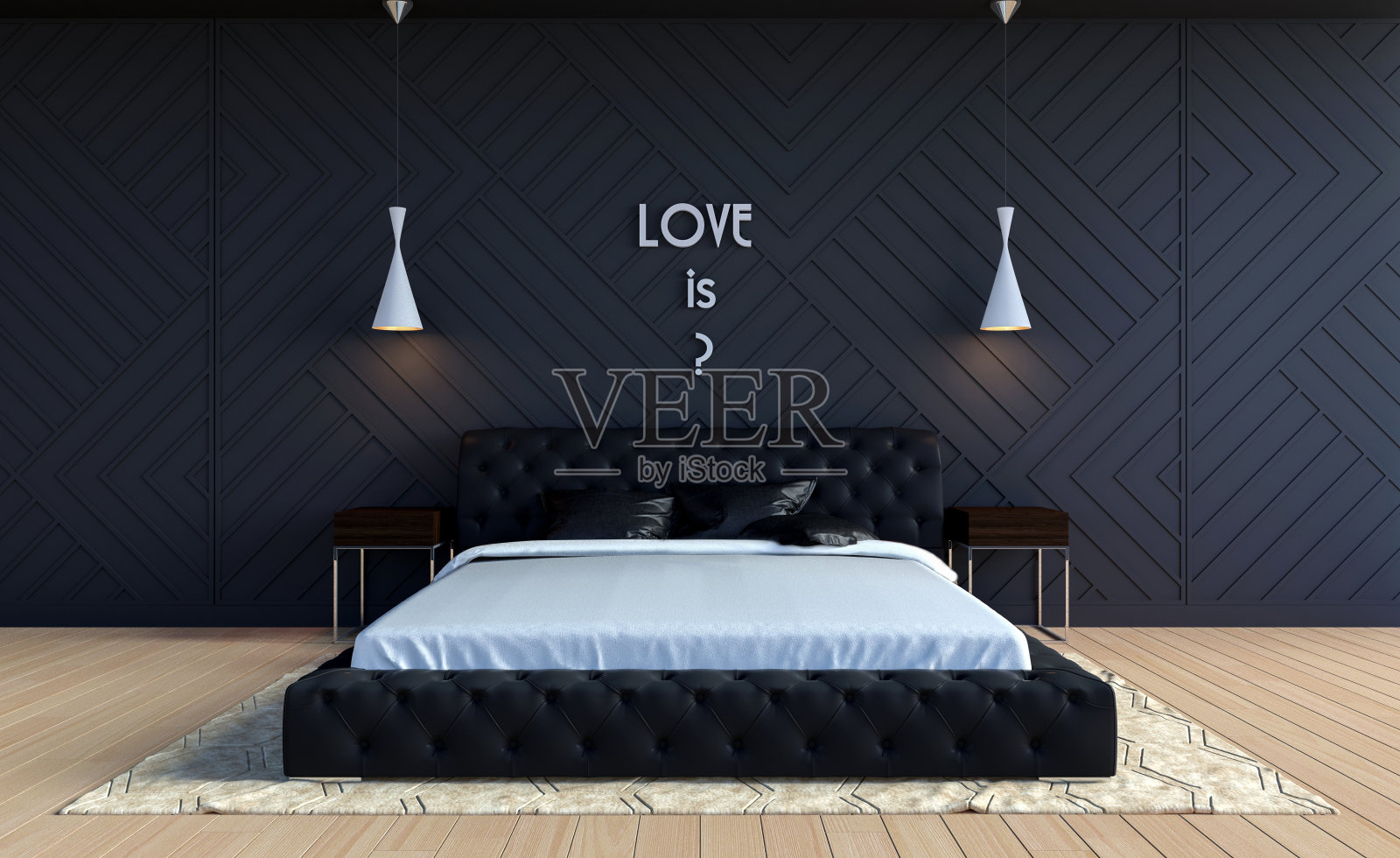 现代卧室室内在情人节主题颜色与文字墙上，3D渲染照片摄影图片