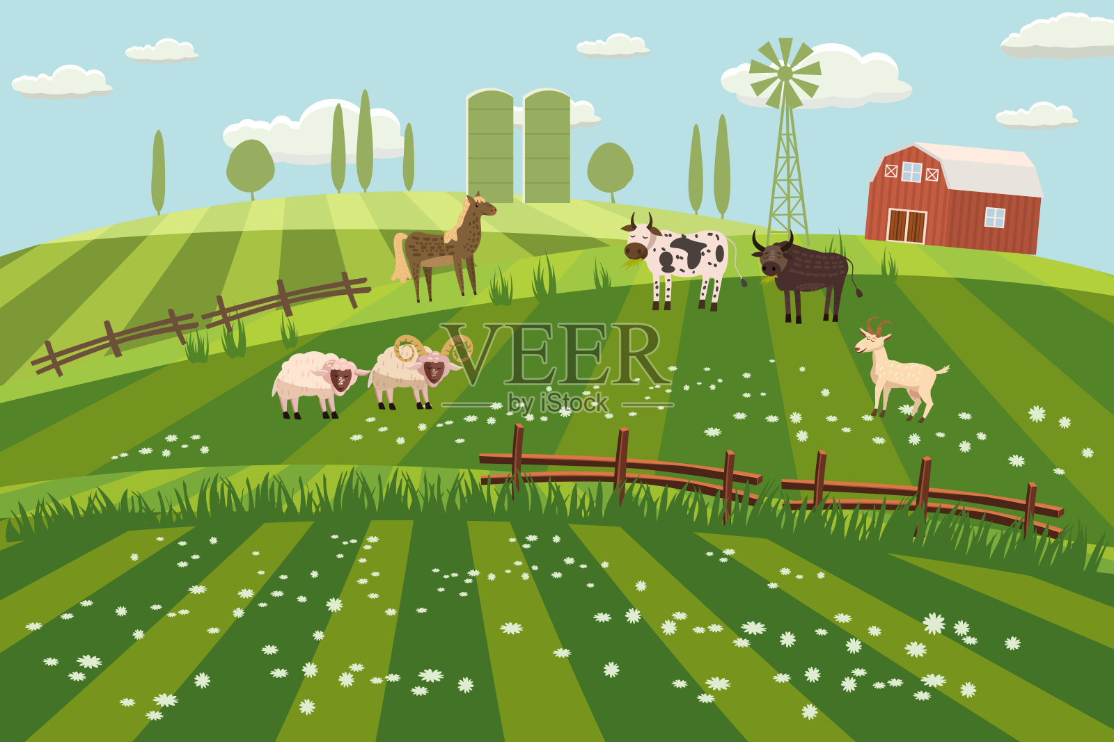 农村乡村景观，农舍，春天，夏天，绿色的草地，田野，野花，马，牛，公牛，绵羊，公羊，山羊，小山，地平线上的树木，栅栏，矢量，插图，孤立，卡通风格插画图片素材