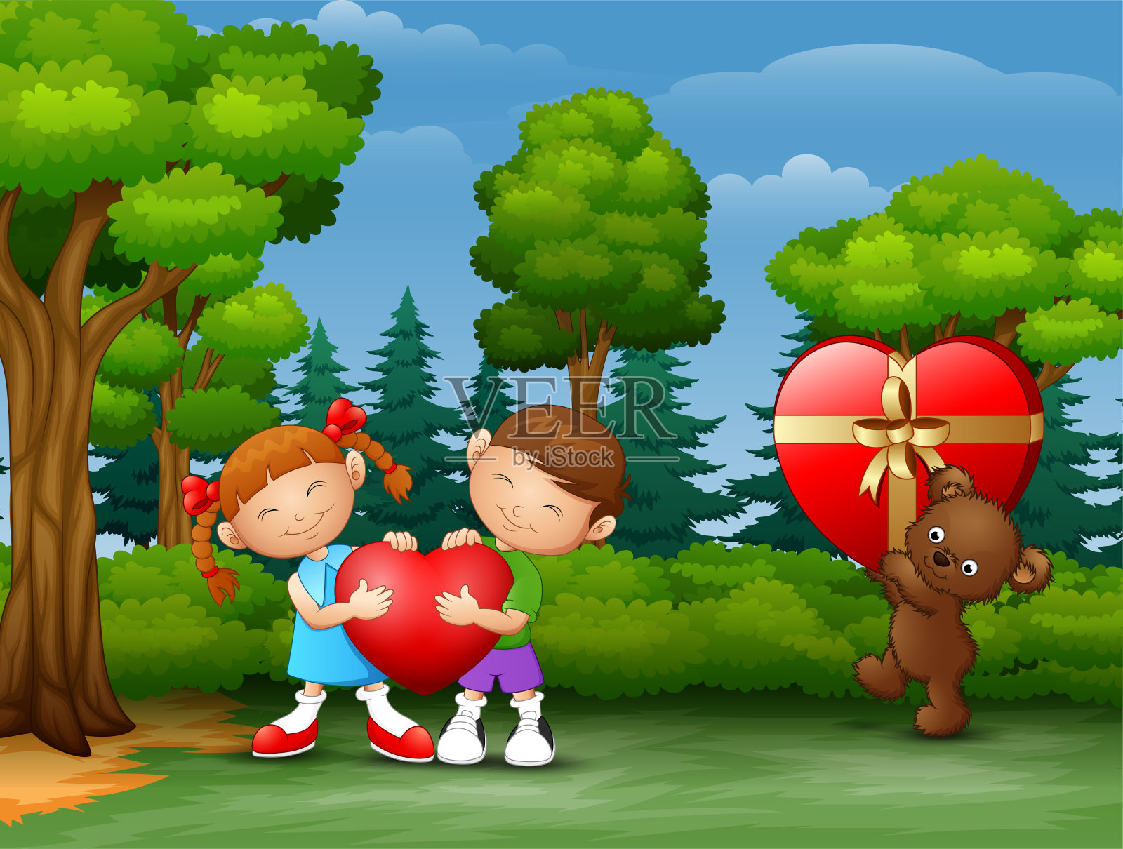 卡通夫妇抱着泰迪熊的心插画图片素材