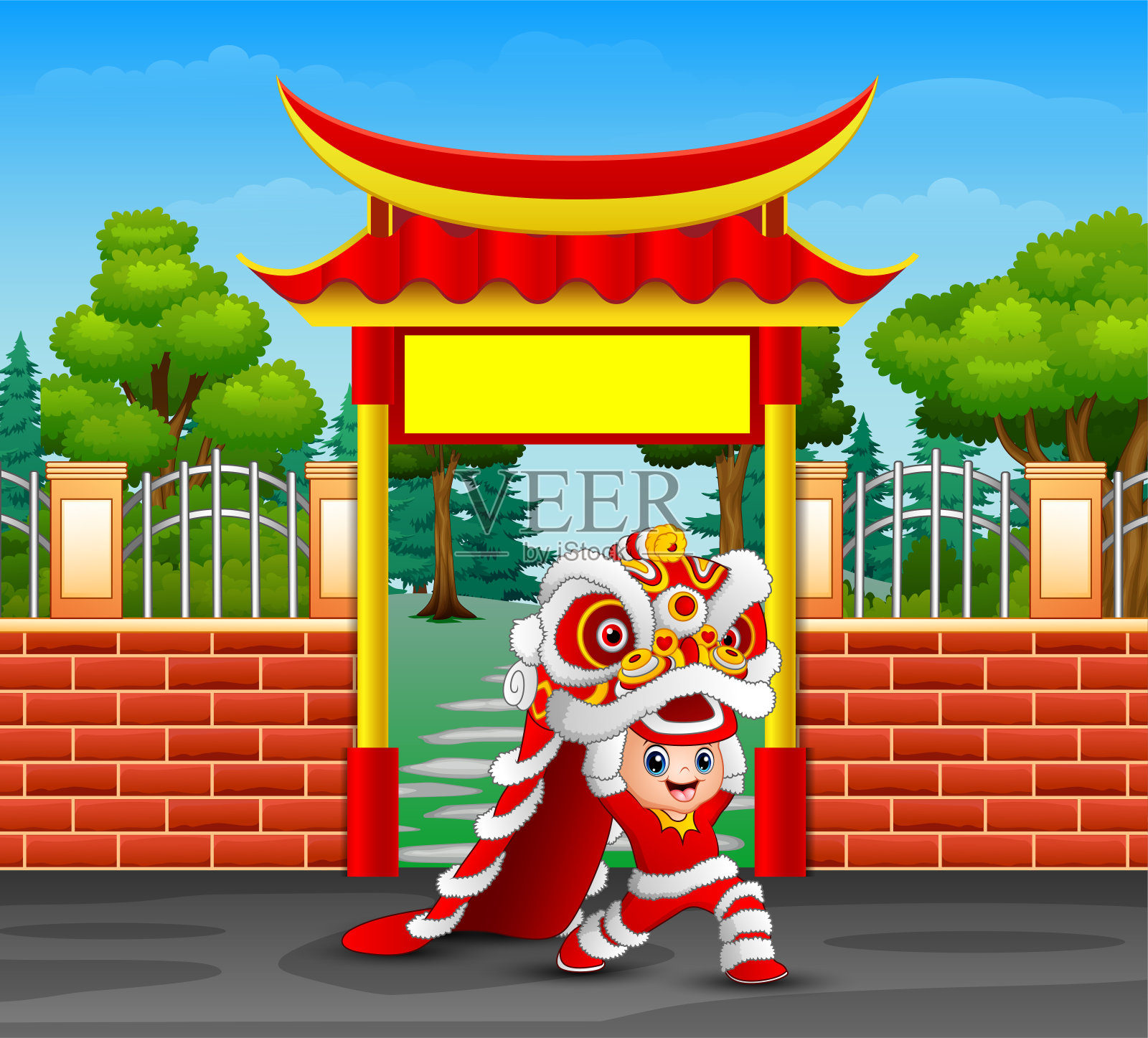 卡通的孩子玩中国舞龙插画图片素材