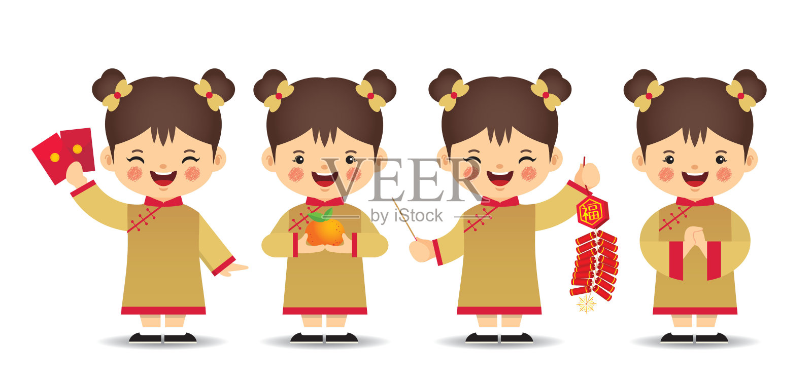 一套可爱的卡通中国女孩-黄色插画图片素材