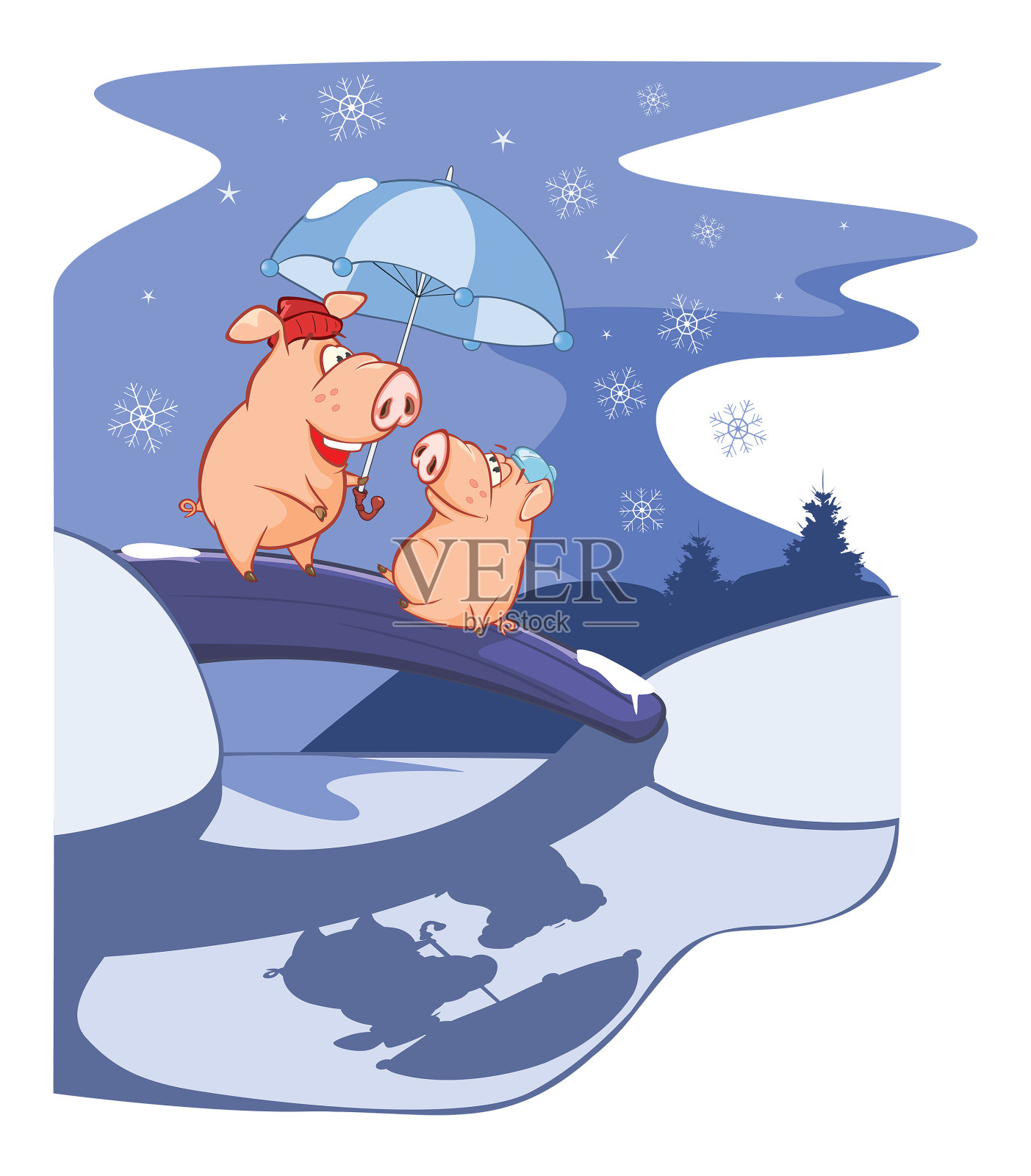 当两头猪坠入爱河矢量插画圣诞夜插画图片素材