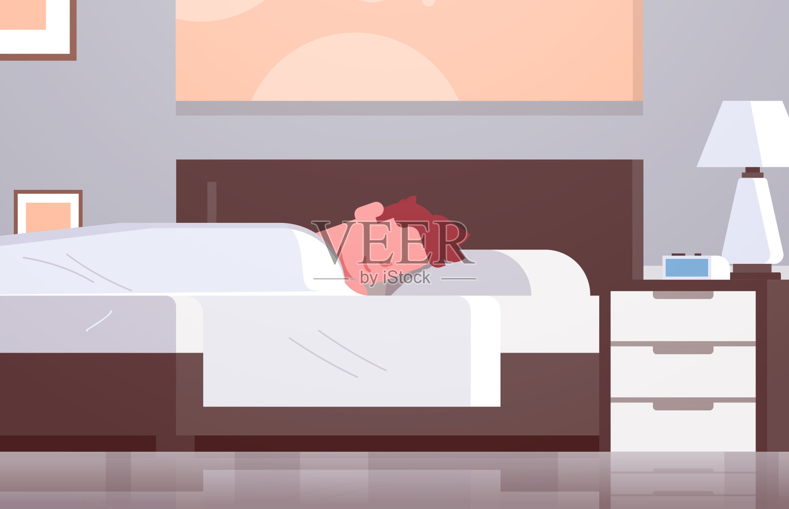 男人睡在床上盖着被子懒人睡在早上卧室现代公寓内部男性卡通人物平水平特写插画图片素材