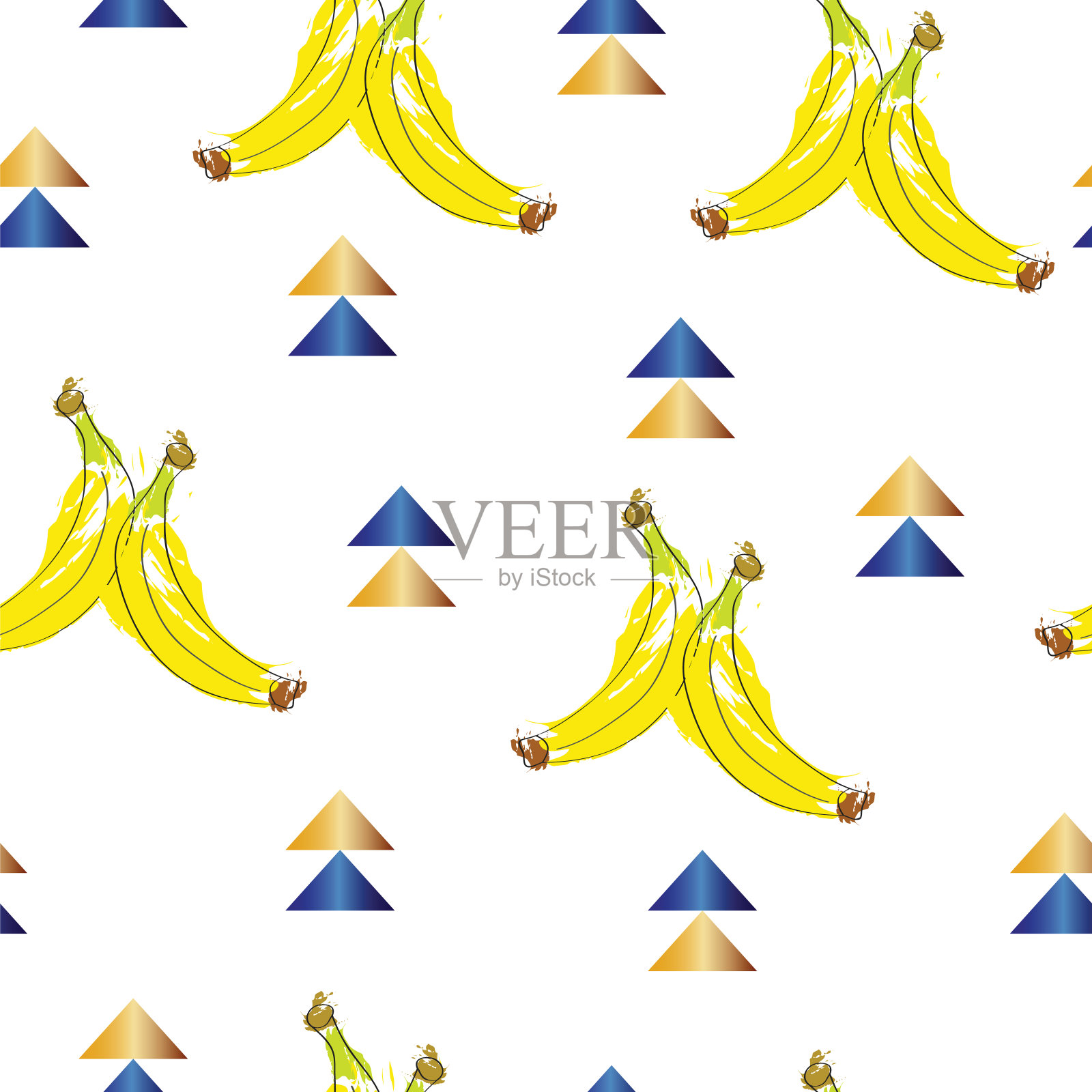 无缝模式与香蕉水果矢量夏季主题纹理-蓝色三角形插画图片素材