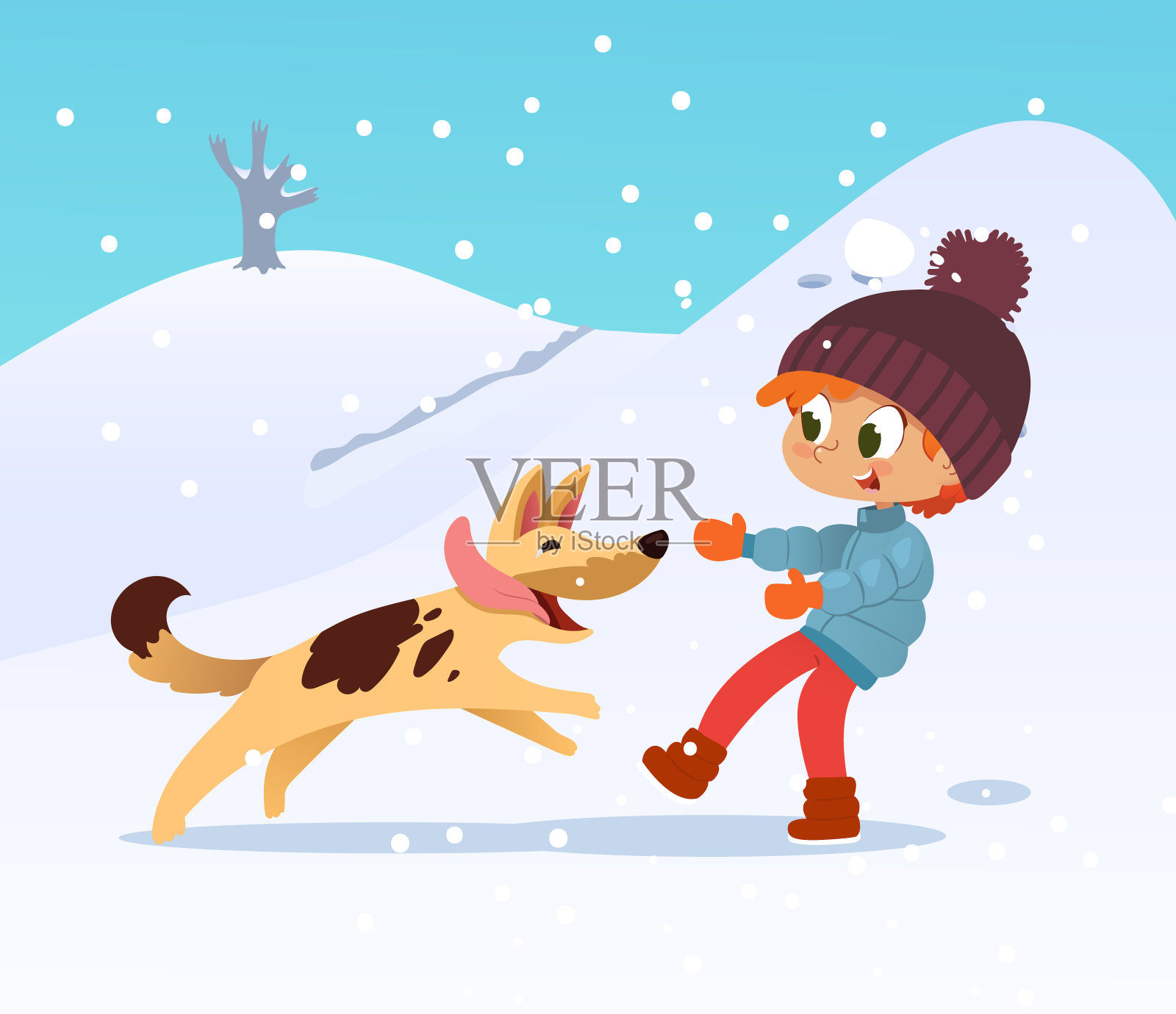 可爱微笑的小男孩在冬天和邻居家的狗玩。男孩和他的朋友狗跑过花园。寒假的活动。最好的朋友的概念。插图。插画图片素材