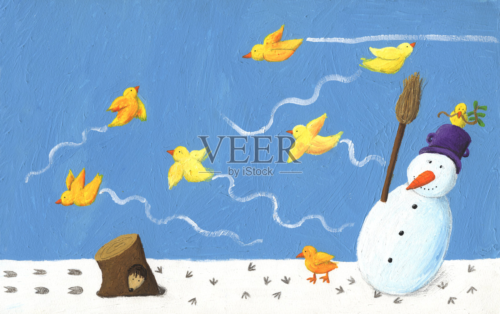 有趣的雪人和黄色的鸟插画图片素材