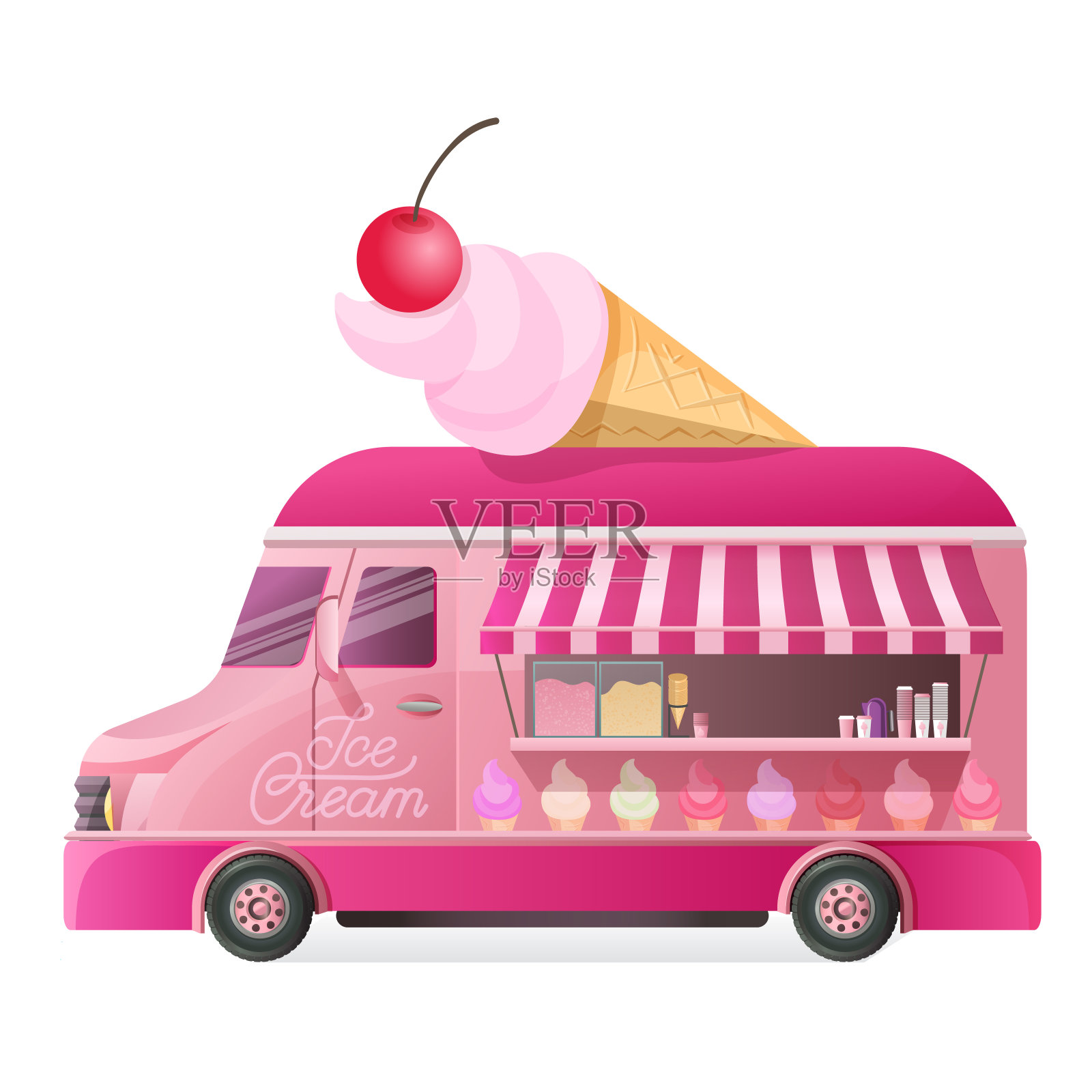 街头货车，商店卡车，配着清凉的冰淇淋。插画图片素材