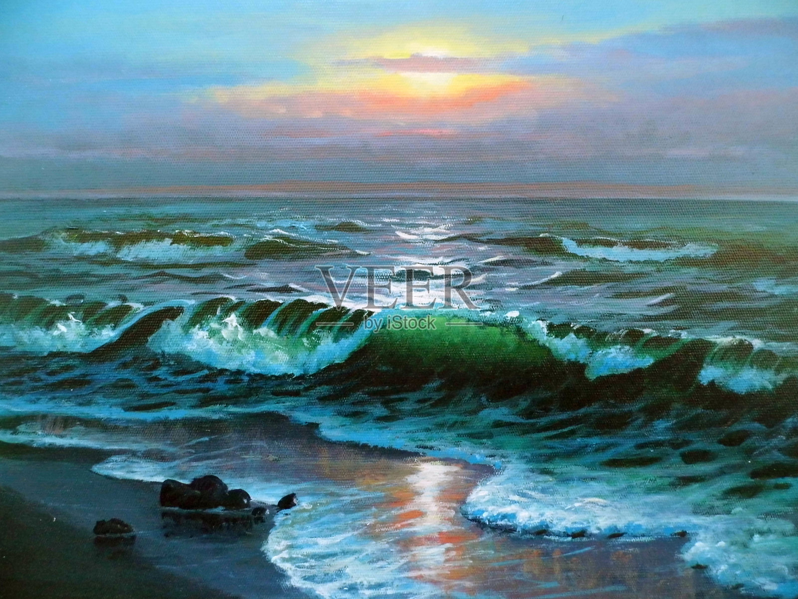 蓝色的波浪。海面日出。码头波浪插画图片素材