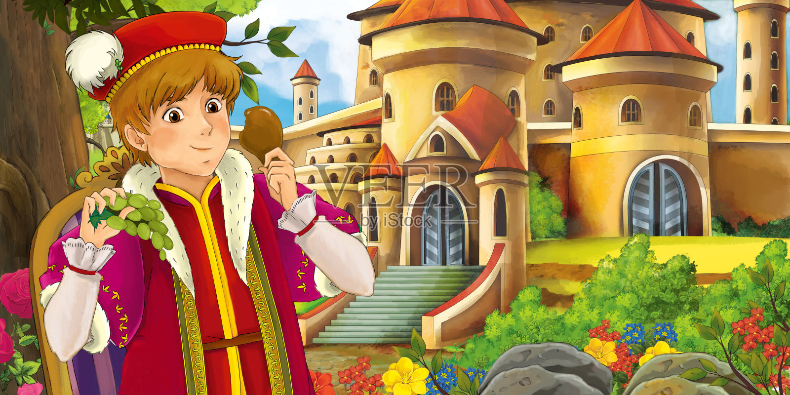 卡通自然景观与美丽的城堡附近的森林和英俊的年轻王子插画图片素材