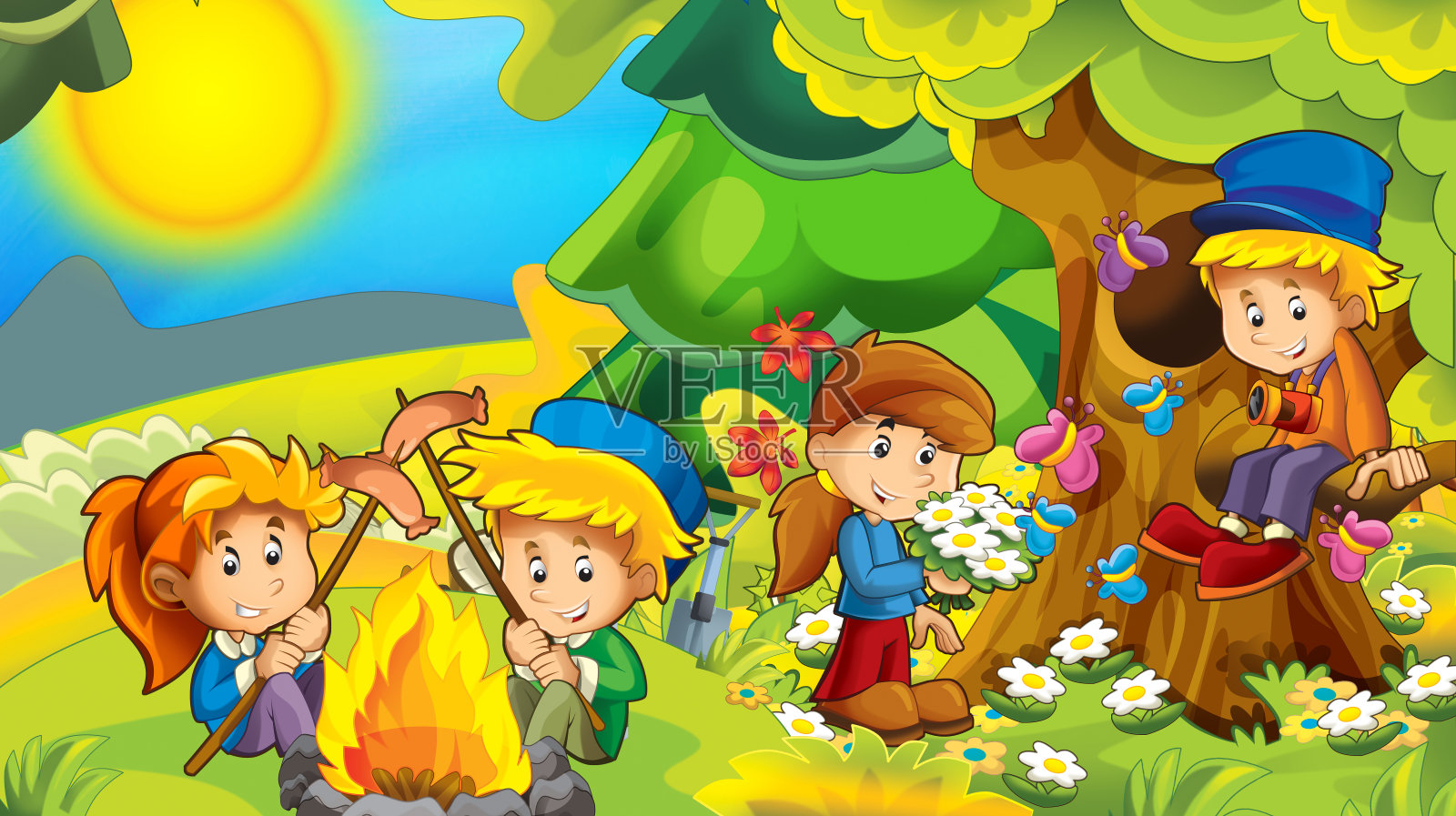卡通秋天的自然背景在山上与孩子们玩耍插画图片素材