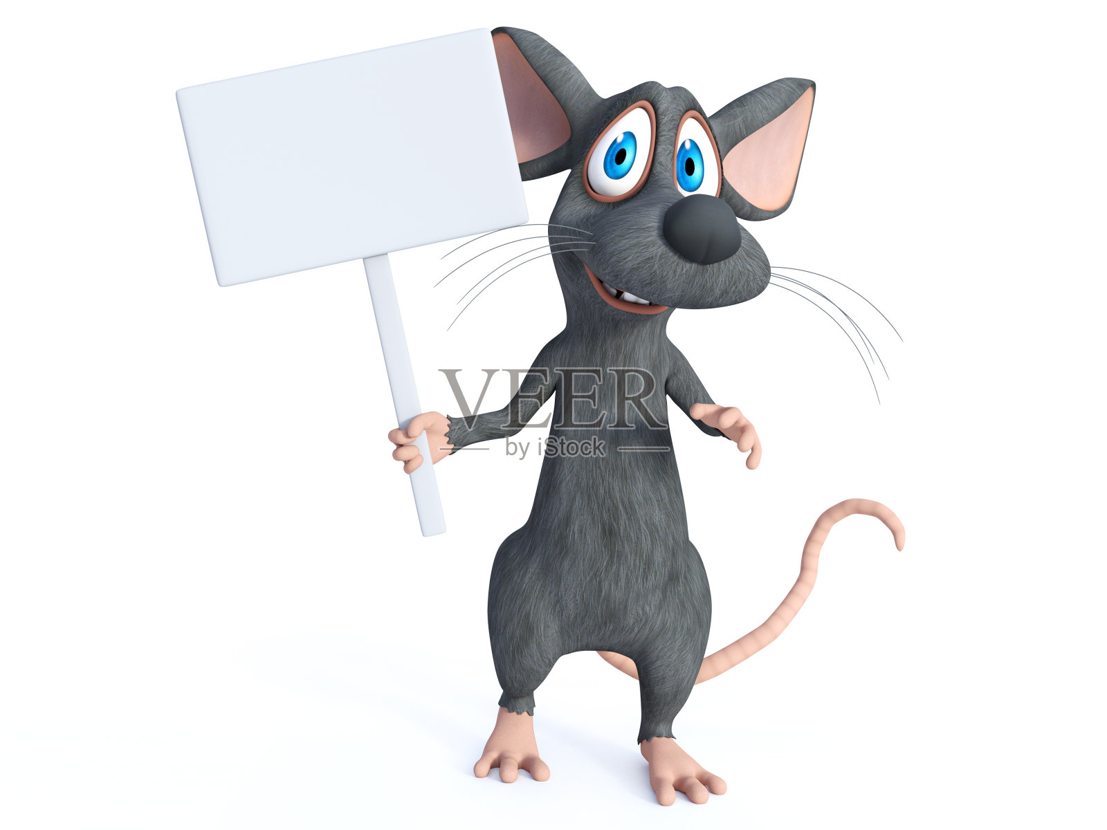 一个卡通鼠标持有空白标志的3D渲染。照片摄影图片