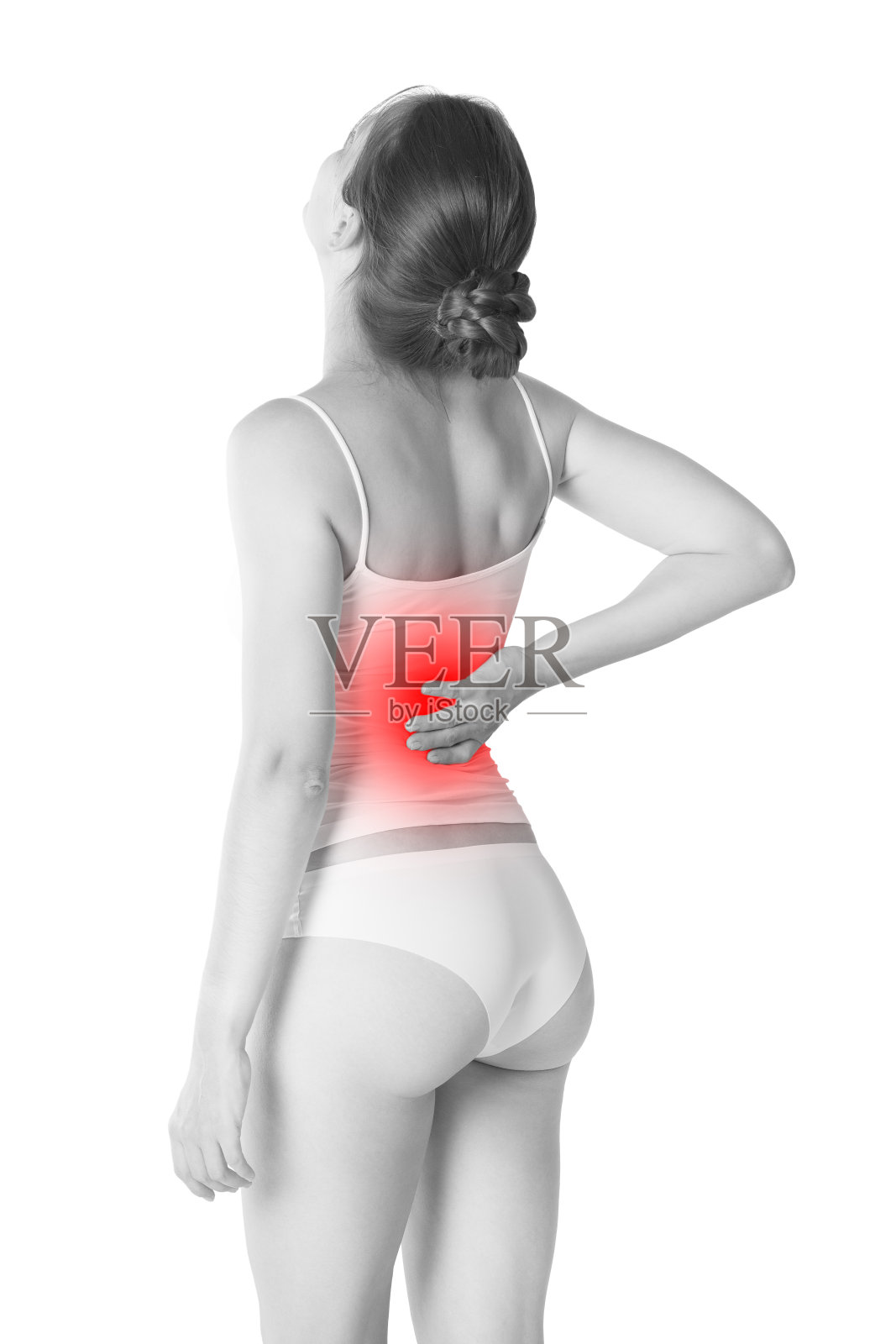 背部疼痛，肾脏炎症，女性身体疼痛，孤立在白色背景上照片摄影图片
