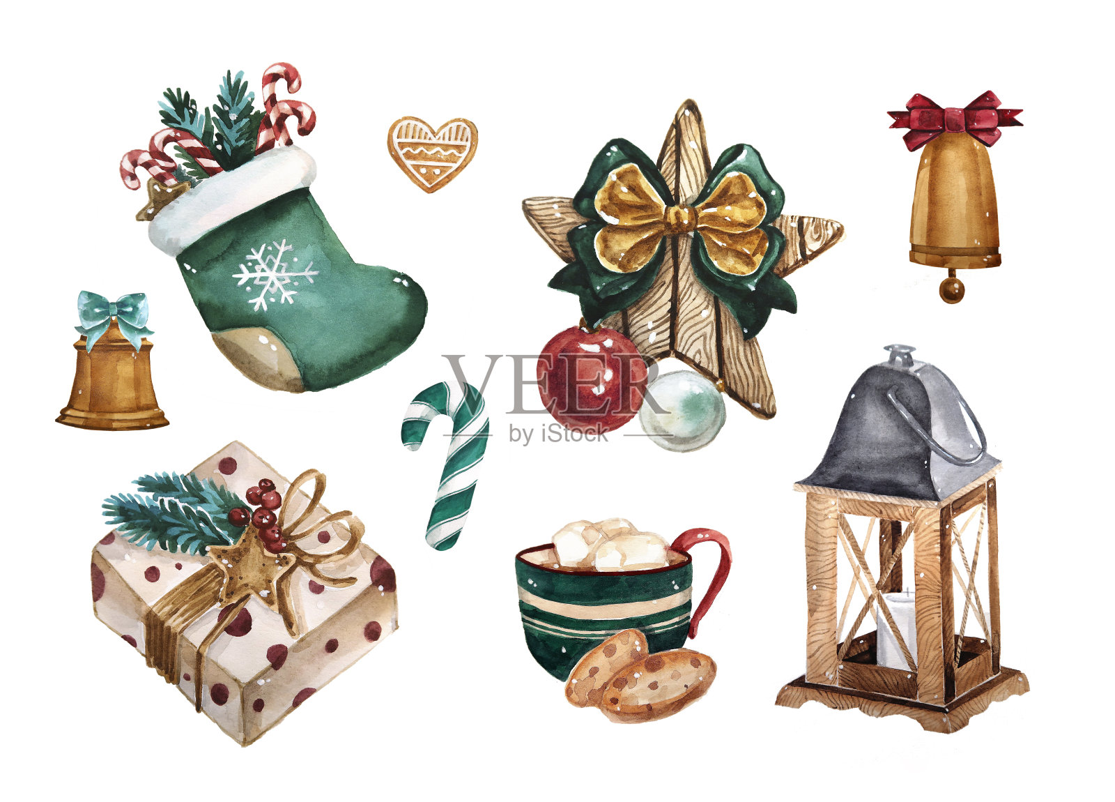 明亮的水彩圣诞快乐传统的装饰和元素。灯，装饰品，饼干，可可，礼物，咖啡，糖果，灯笼和植物。插画图片素材