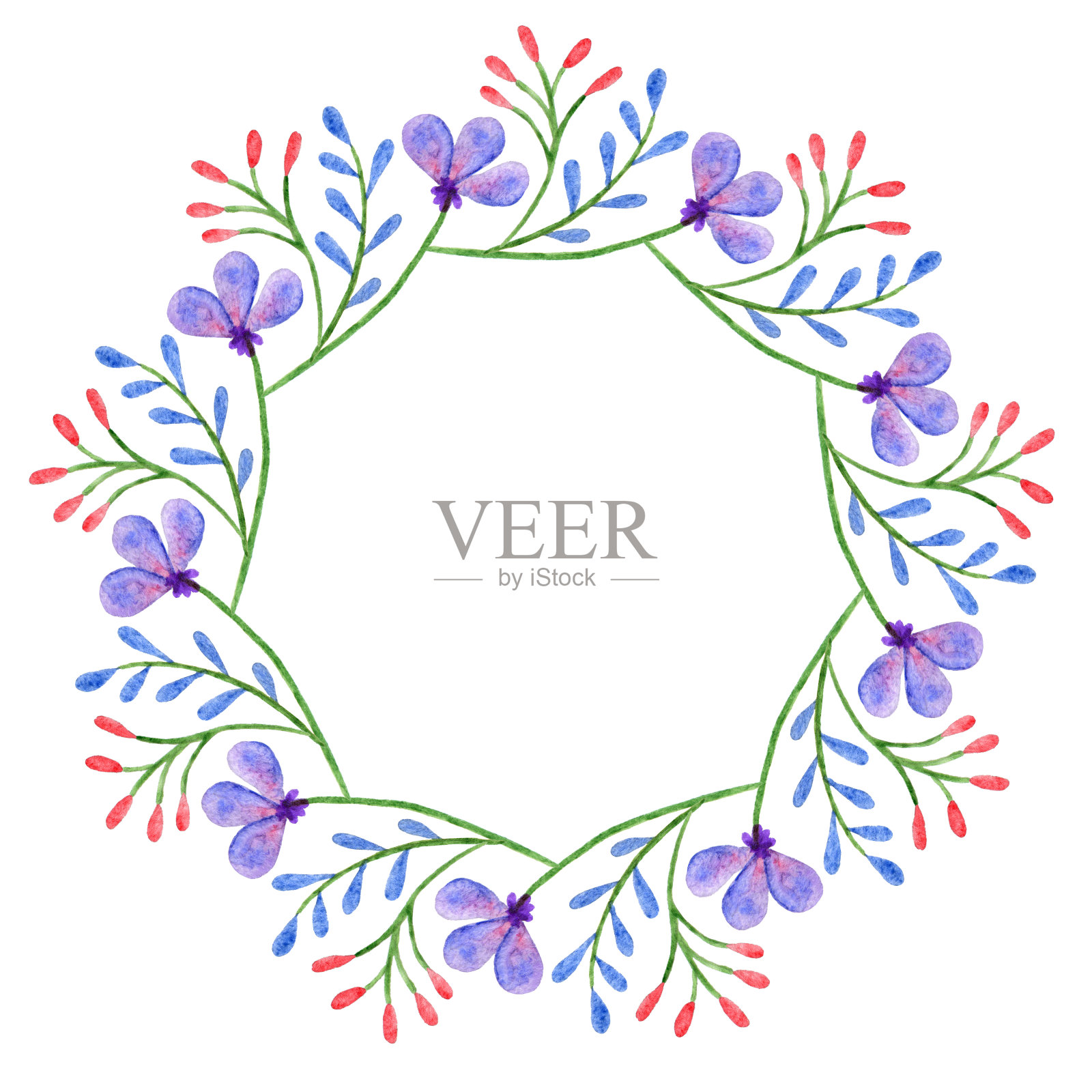 水彩花环。框架与春天的鲜花。圆形的手绘设计。插画图片素材
