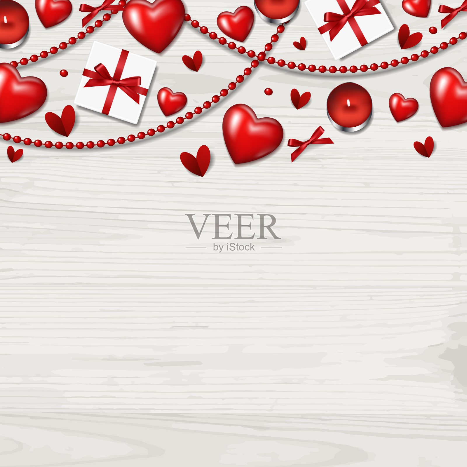 木制白色背景与红心，蝴蝶结和蜡烛。情人节概念。插画图片素材