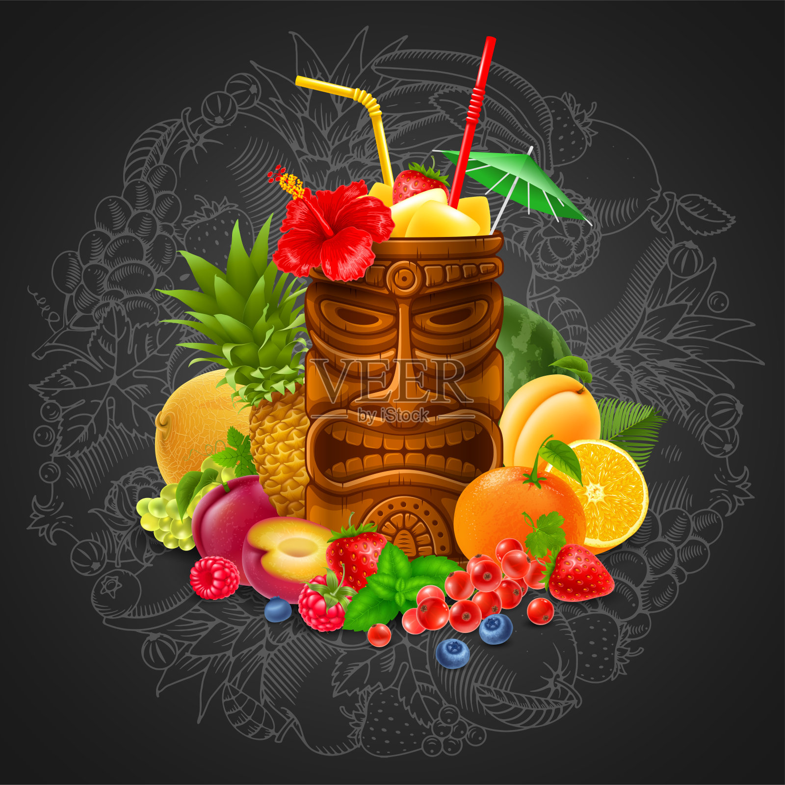 提基鸡尾酒与水果在黑板的背景插画图片素材