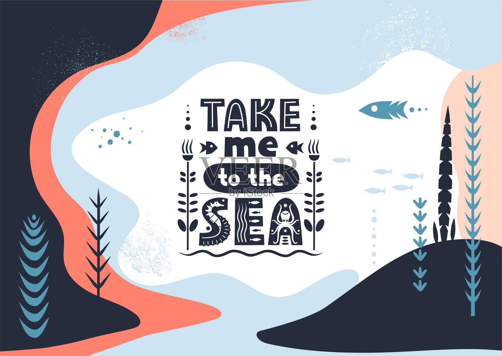 矢量字母“带我去海边”(Take Me To The Sea)由各种风格的字母在抽象的彩色背景上组成。插画图片素材