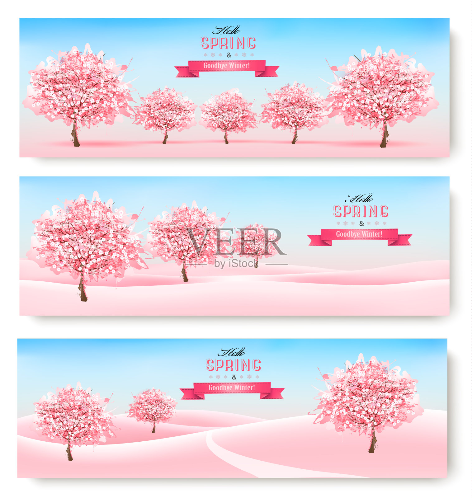 三幅春天的横幅，上面画着粉红色的樱花树和风景。向量。插画图片素材