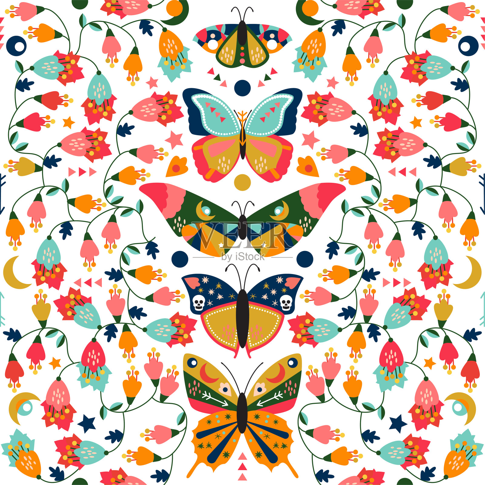 无缝，瓷砖壁纸图案与波西米亚风格的蝴蝶，飞蛾和花卉元素插画图片素材