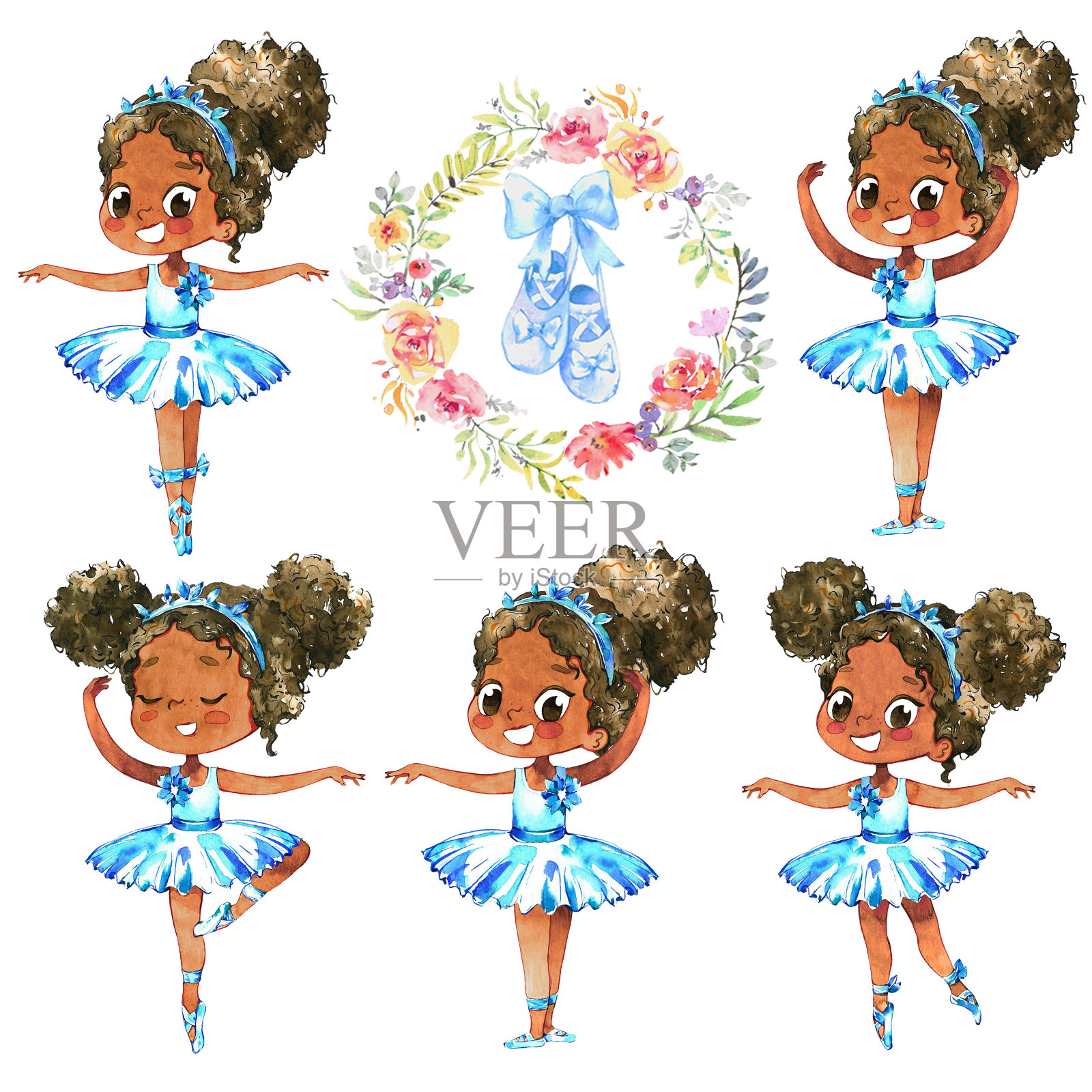 非裔美国芭蕾舞者公主角色舞者设置。可爱的小女孩穿着蓝色芭蕾短裙在学校上课。婴儿芭蕾舞海报设计概念水彩卡通插图。孤立。插画图片素材