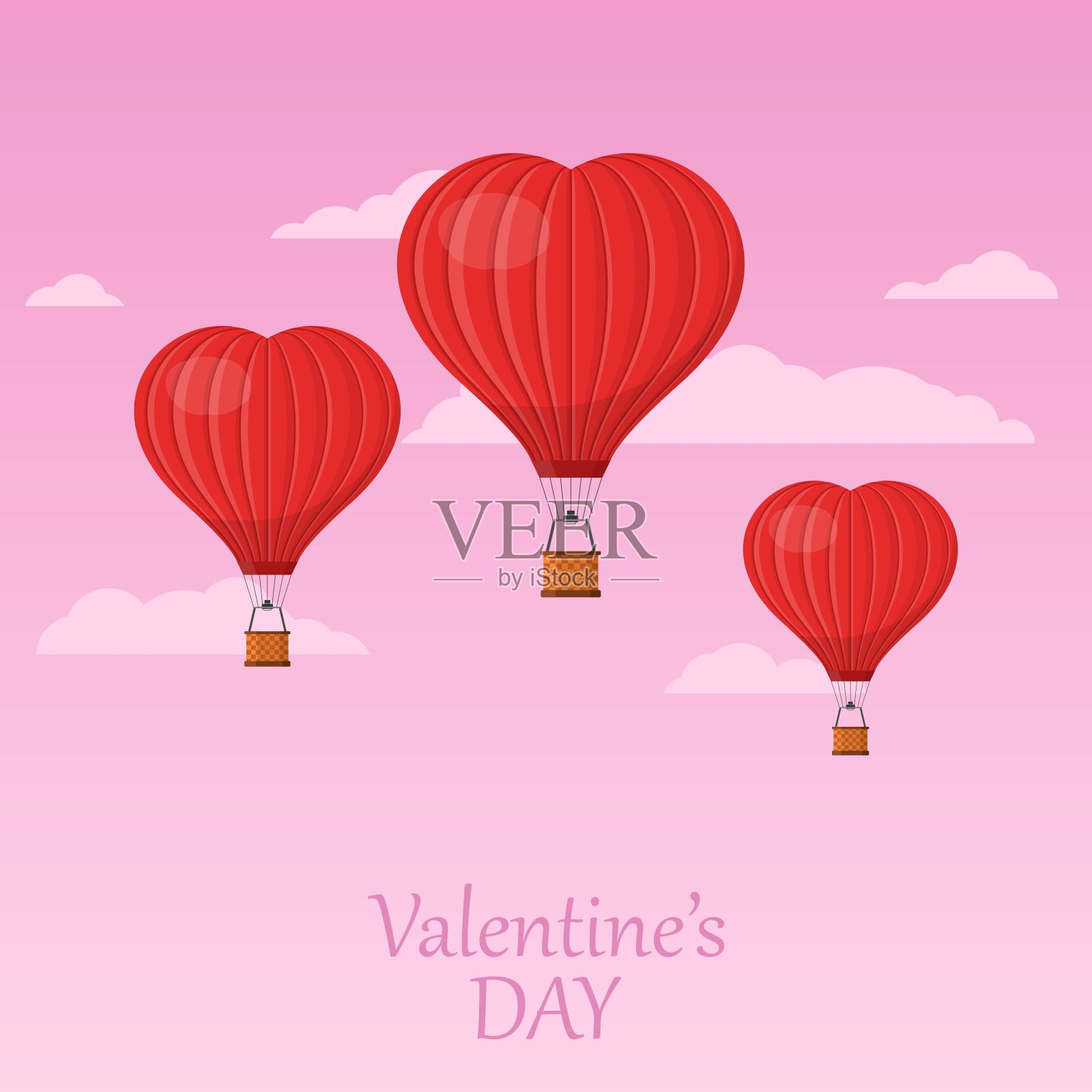 三个红心气球在粉红色的天空和云彩中飞翔。情人节贺卡。心形的热气球和篮子。插画图片素材