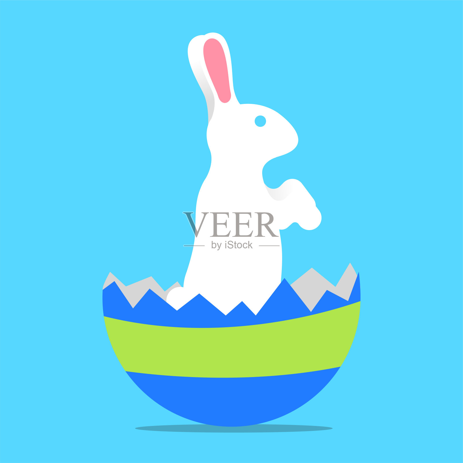 复活节兔子站在蛋壳里向蛋壳外张望插画图片素材