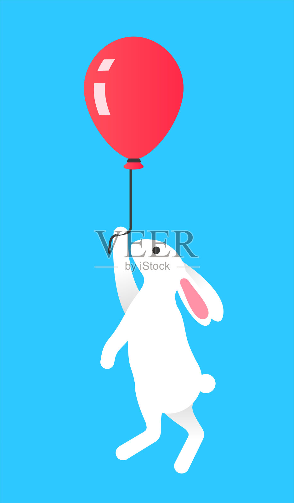 复活节可爱的兔子在蓝色背景的红色气球上飞行插画图片素材