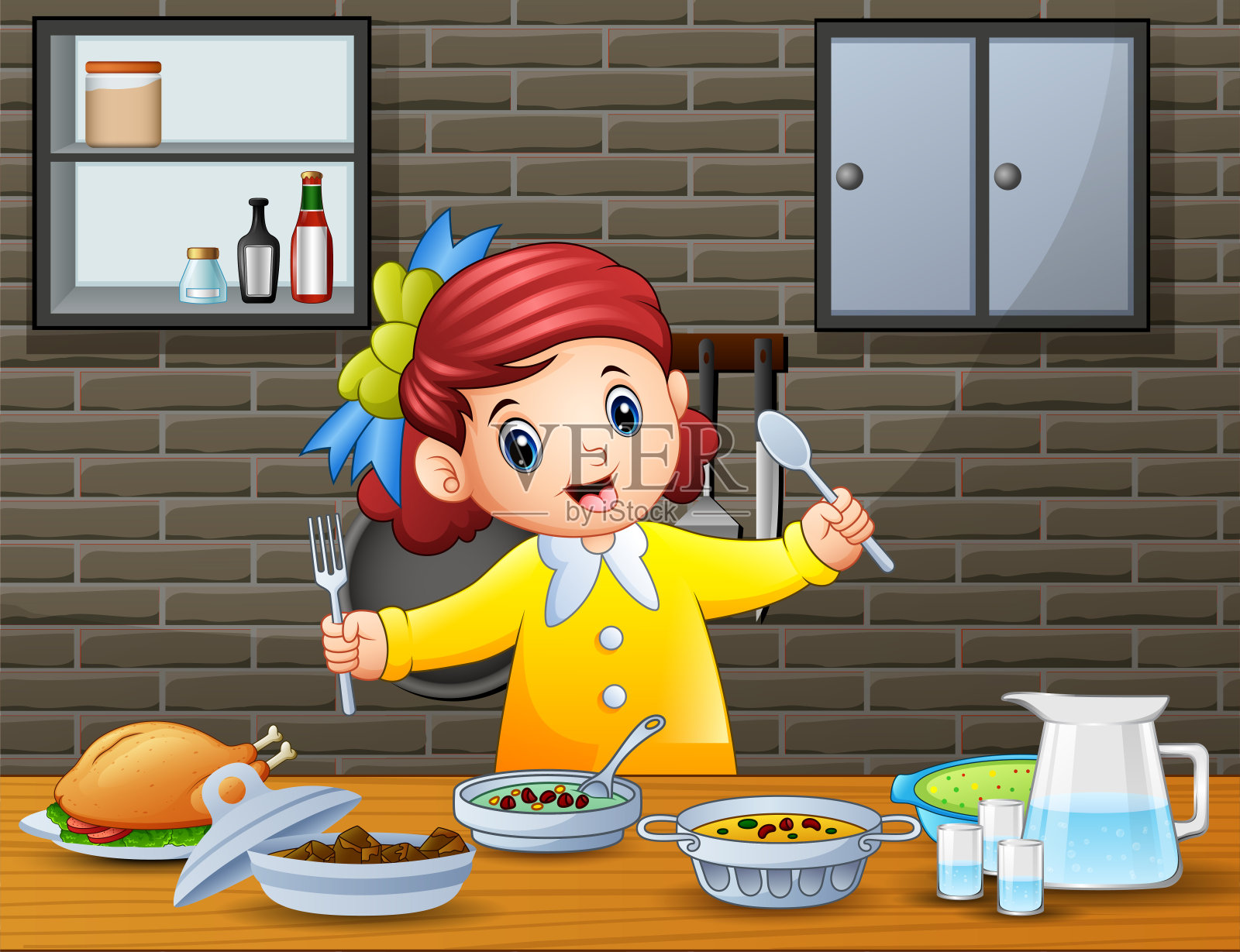 快乐的小女孩拿着勺子和叉子在桌子上吃东西插画图片素材