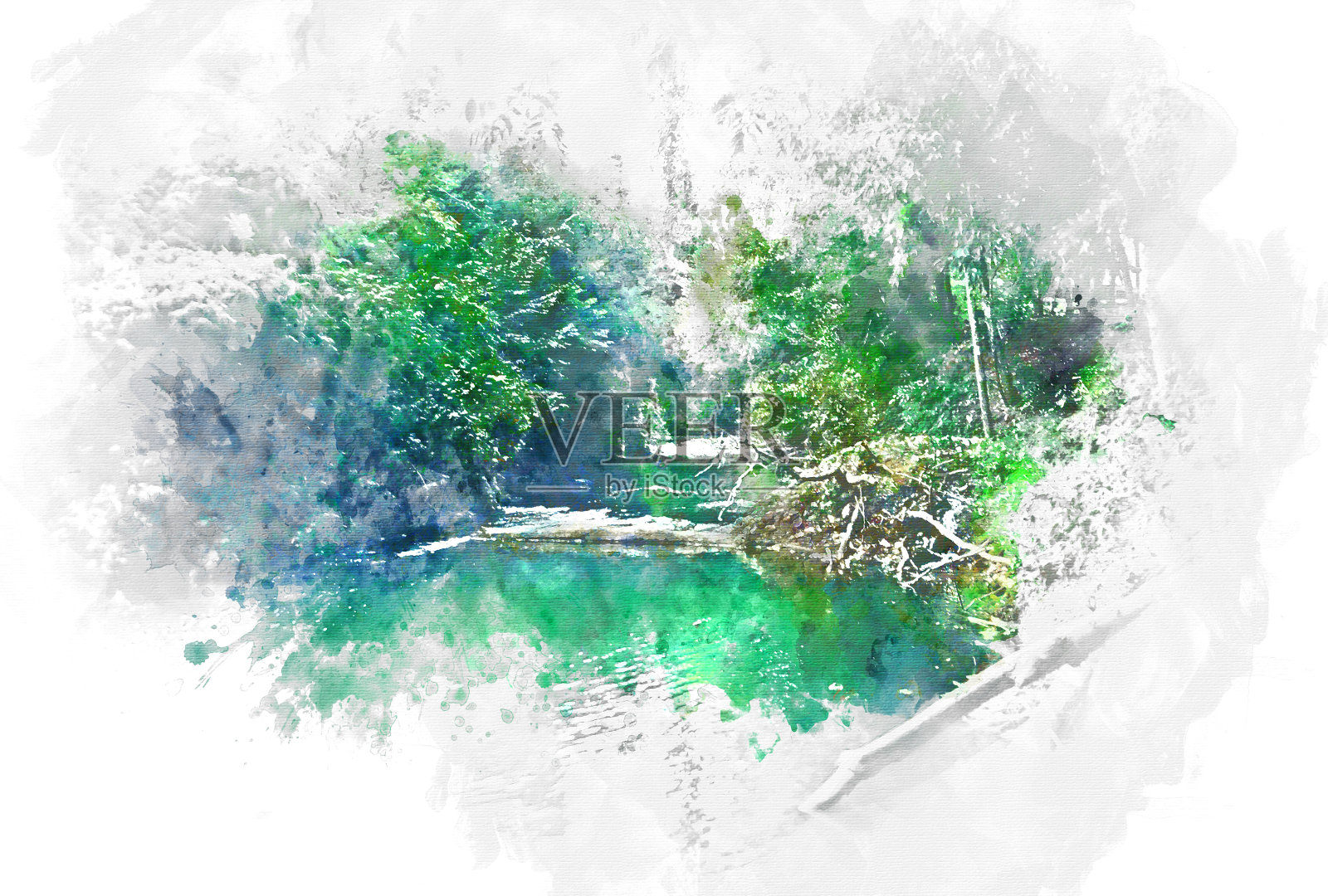 抽象彩色树和河湖山水水彩插画背景。插画图片素材