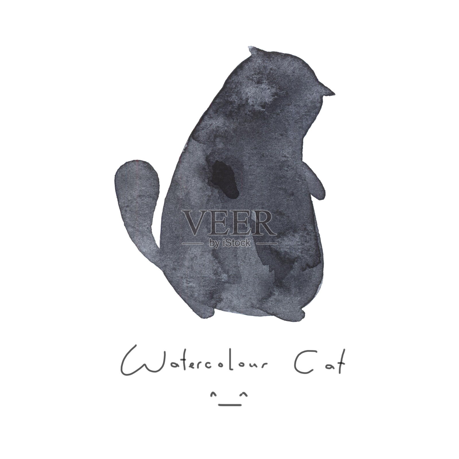 水彩灰色黑猫孤立的白色背景。可爱简单的动物手绘。插图风格。猫的符号或符号油漆的元素。水彩快乐的宠物。孩子的形象。插画图片素材