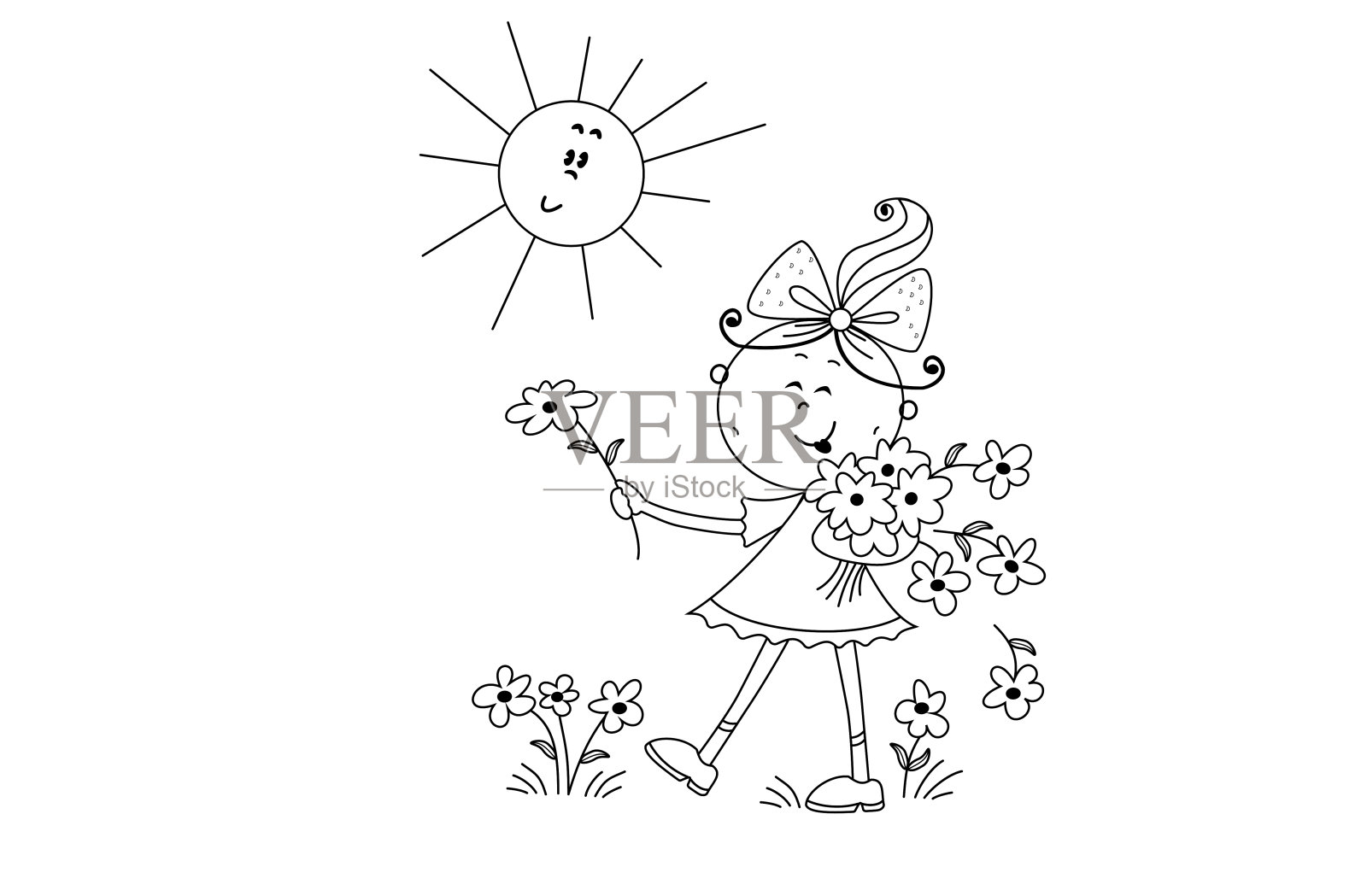那个女孩手里拿着一束花，在阳光下撕花。插画图片素材