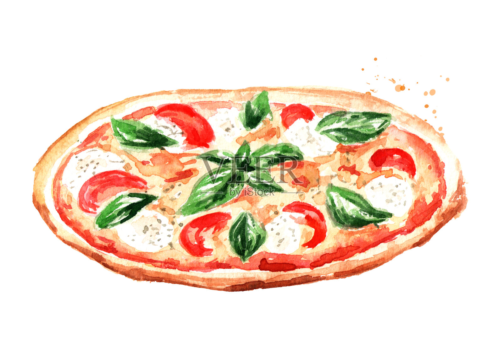 美味的新鲜热披萨。水彩手绘插图孤立的白色背景设计元素图片
