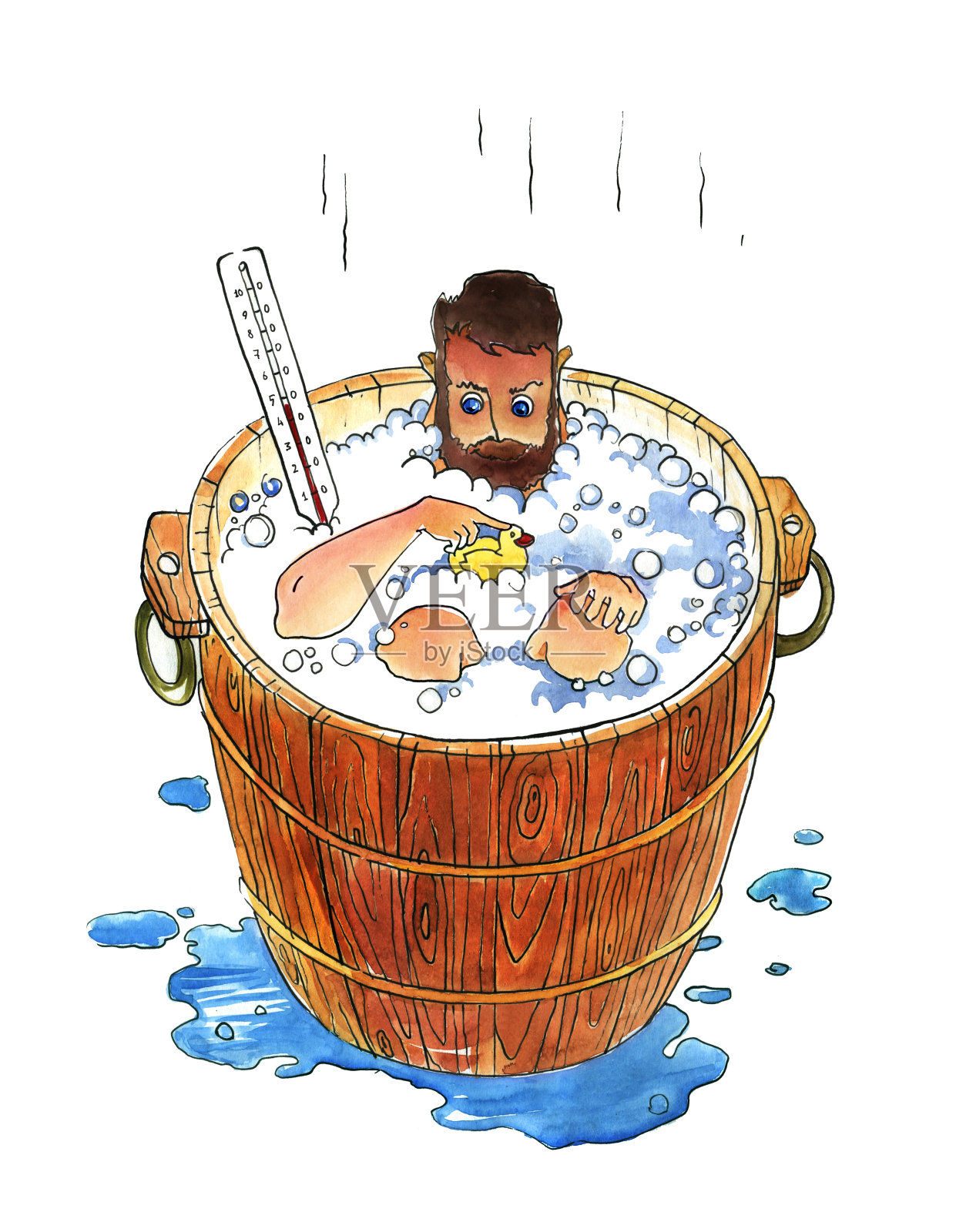 男性避孕。一个男人在木浴缸里洗澡。插画图片素材