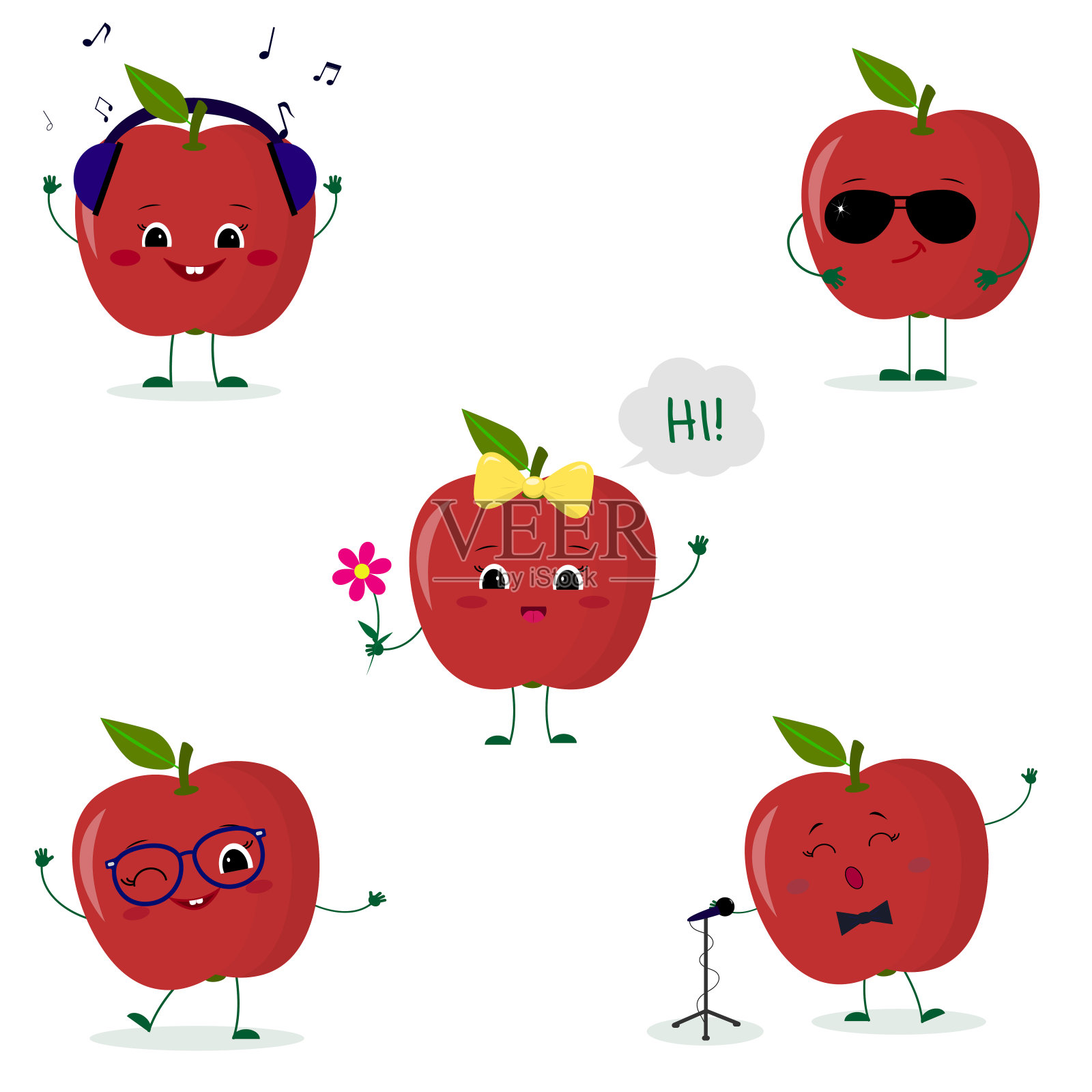 一组五个红色苹果笑脸卡通风格。戴着耳机，戴着墨镜，戴着眼镜跳舞，带着一朵花，对着麦克风唱歌。平的,矢量图插画图片素材