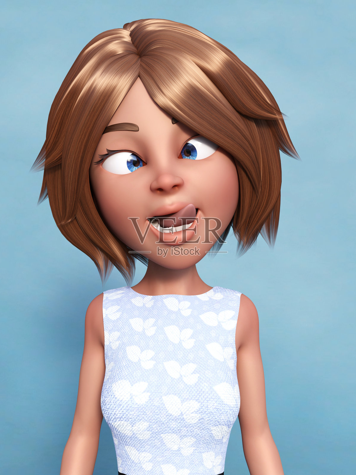 一个卡通女人做鬼脸的3D渲染。照片摄影图片