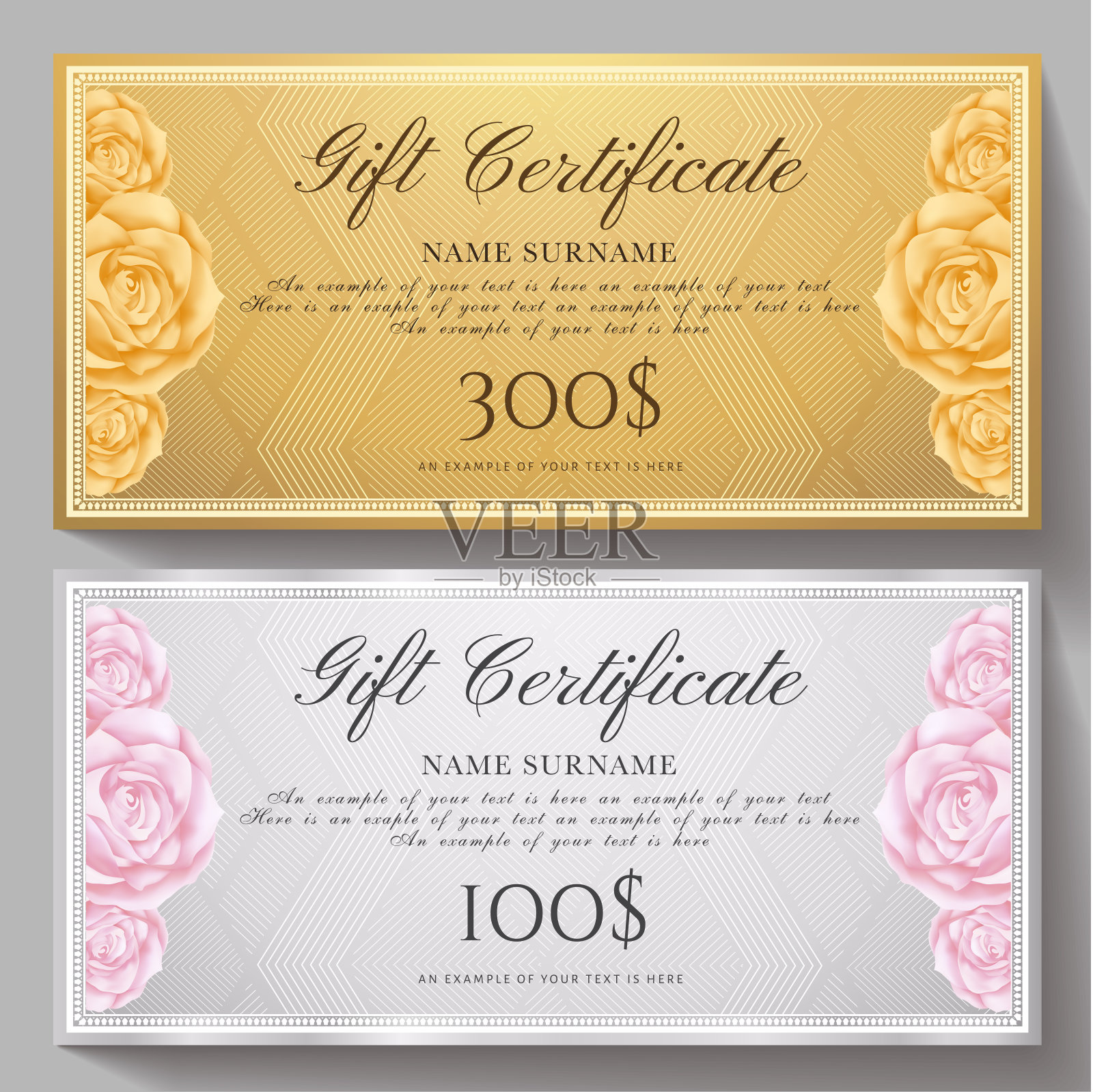 礼品券，礼券，礼券模板与鲜花玫瑰和金，银图案背景设计模板素材