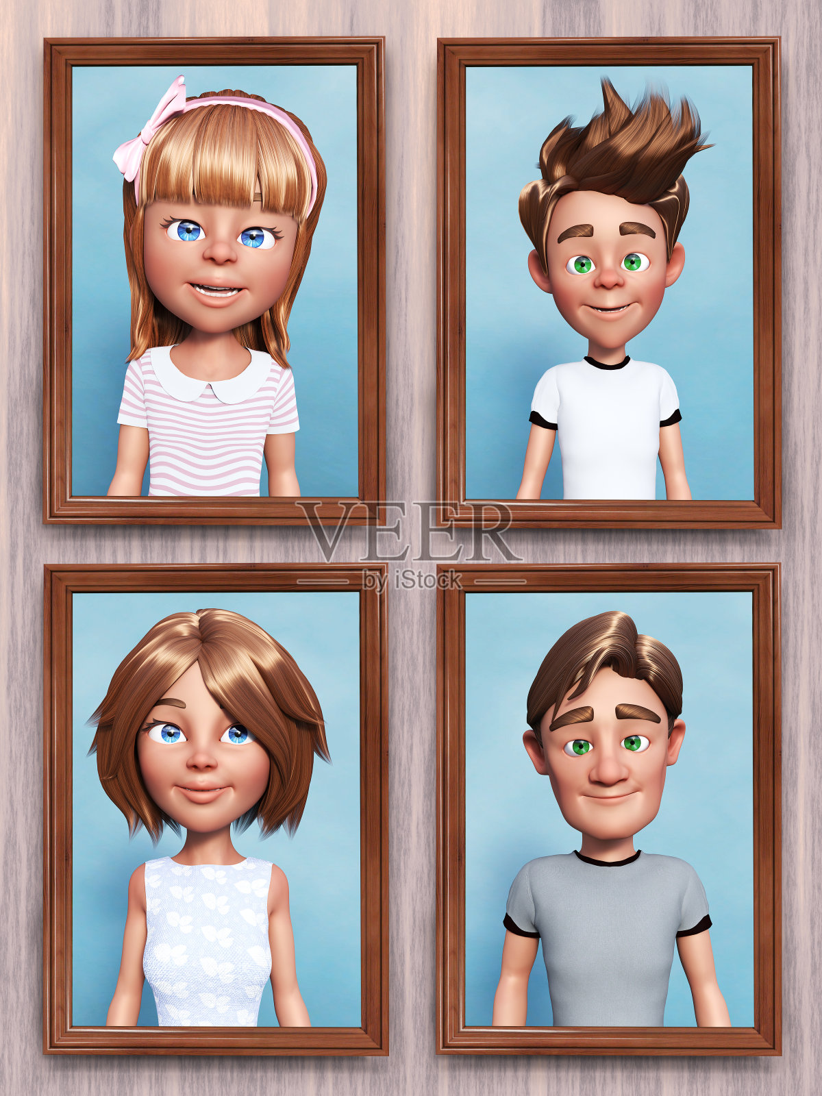 3D渲染的四个卡通家庭画像在墙上。照片摄影图片