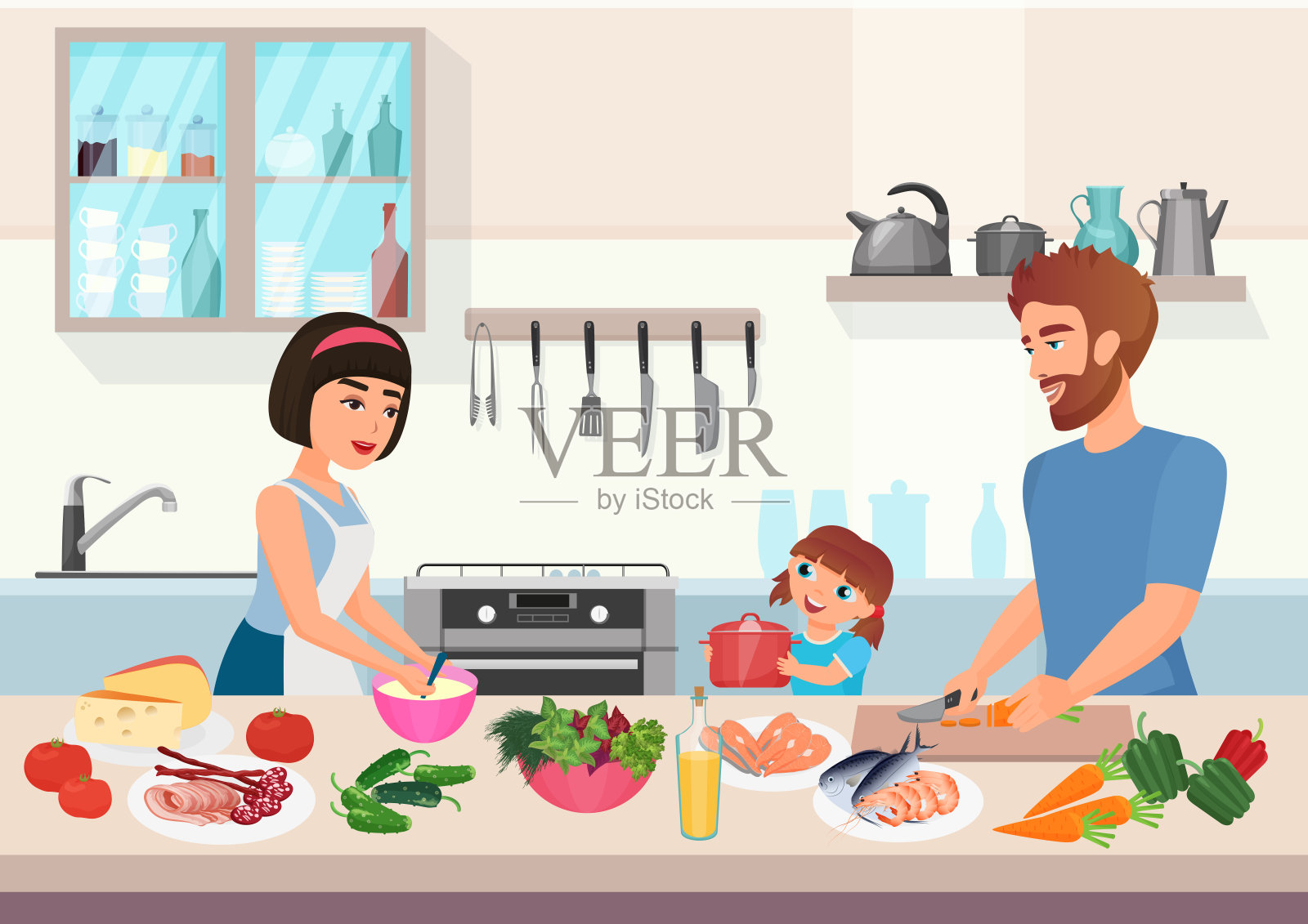 快乐年轻的家庭烹饪。父亲，母亲和女儿孩子烹饪菜在厨房卡通矢量插图。插画图片素材