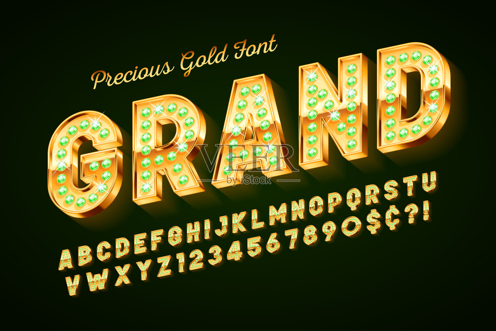 黄金3d字体宝石，黄金字母和数字插画图片素材