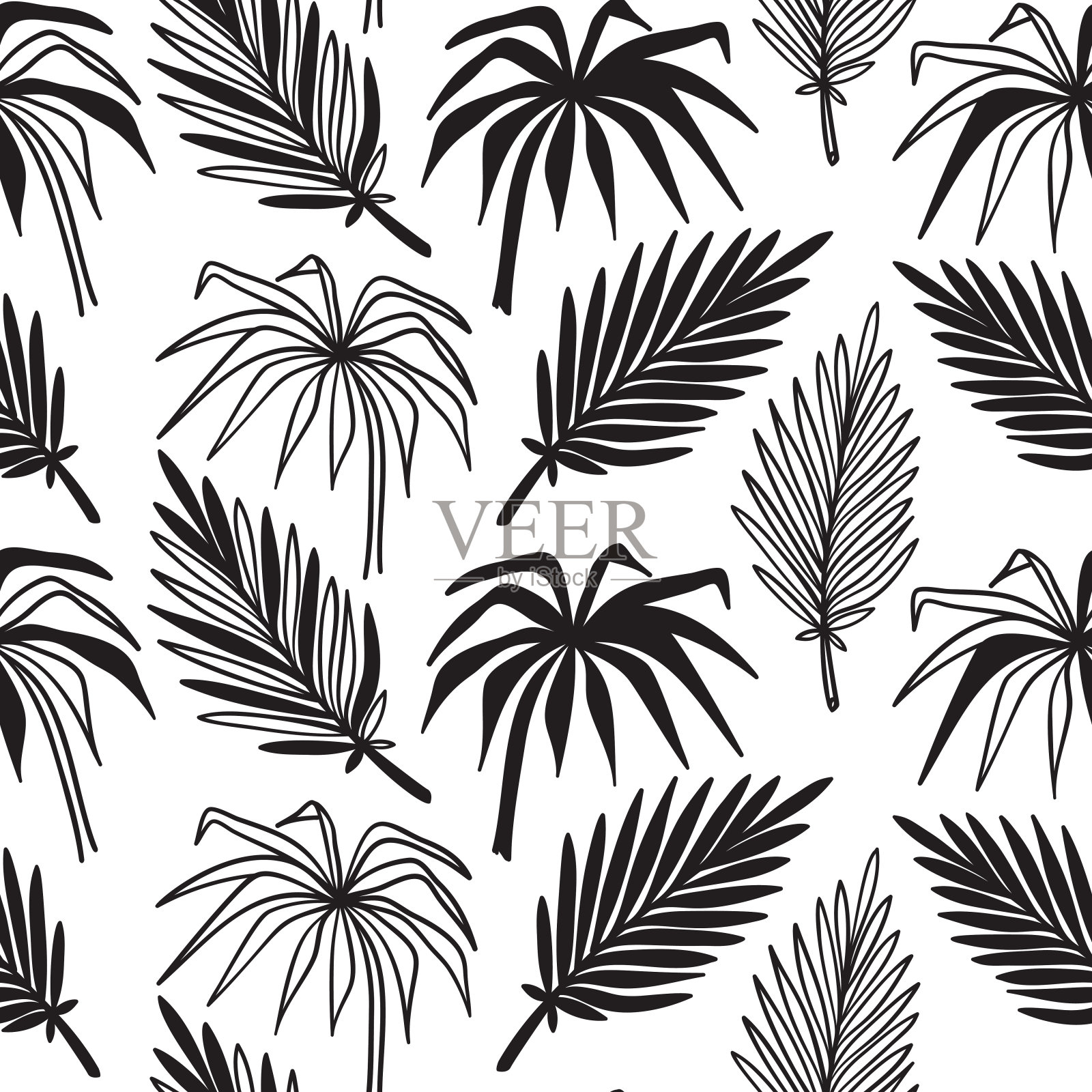 热带棕榈树叶子矢量无缝模式。手绘涂鸦棕榈叶素描。夏天花的背景。热带植物壁纸插画图片素材