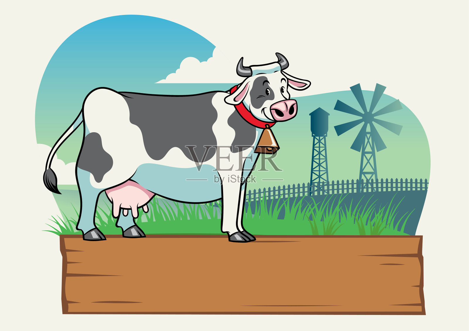 牛在农场用空白木板插画图片素材