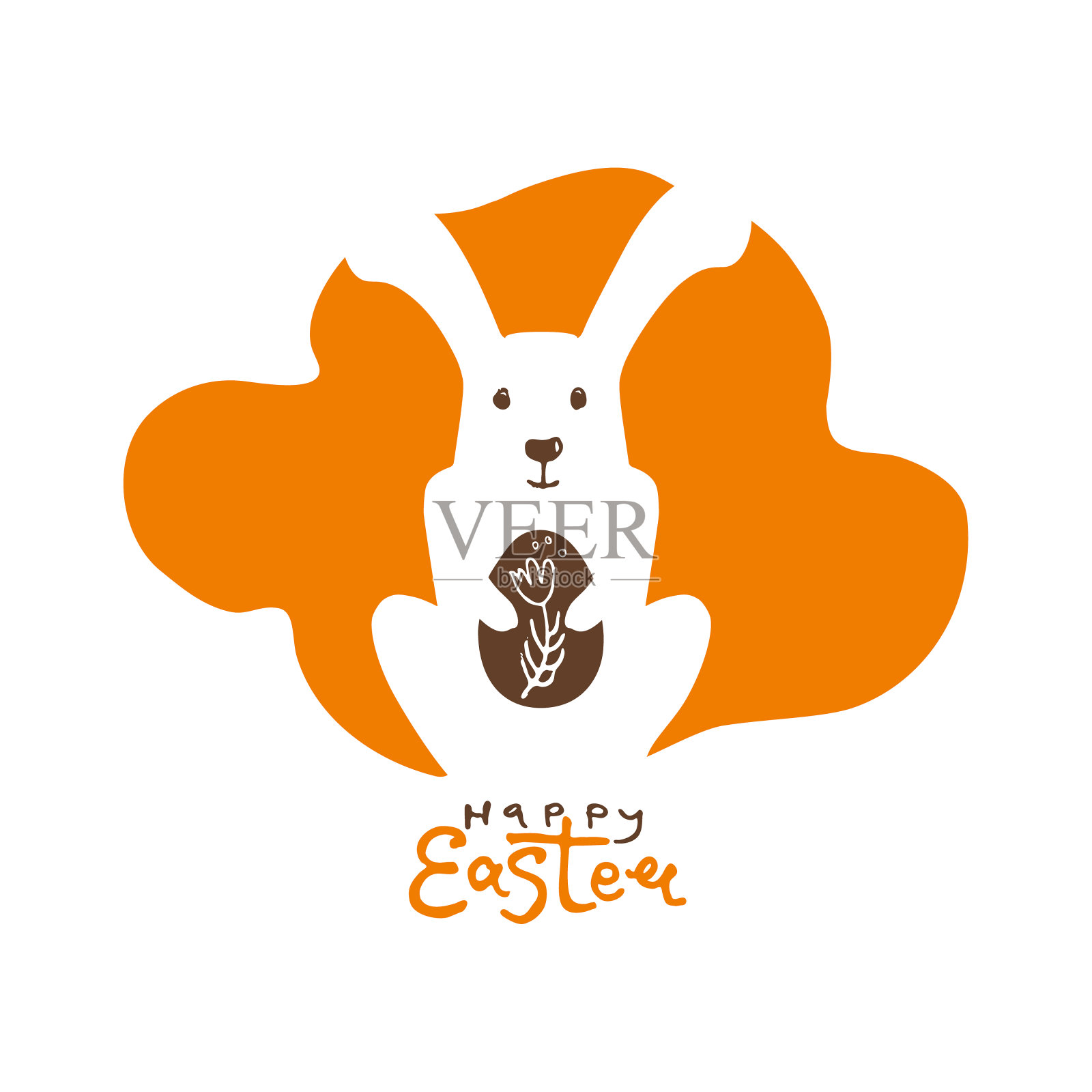 复活节快乐。可爱的贴纸与剪影的复活节兔子在一个橙色斑点的背景。兔子拿着一个纪念复活节彩蛋。插画图片素材