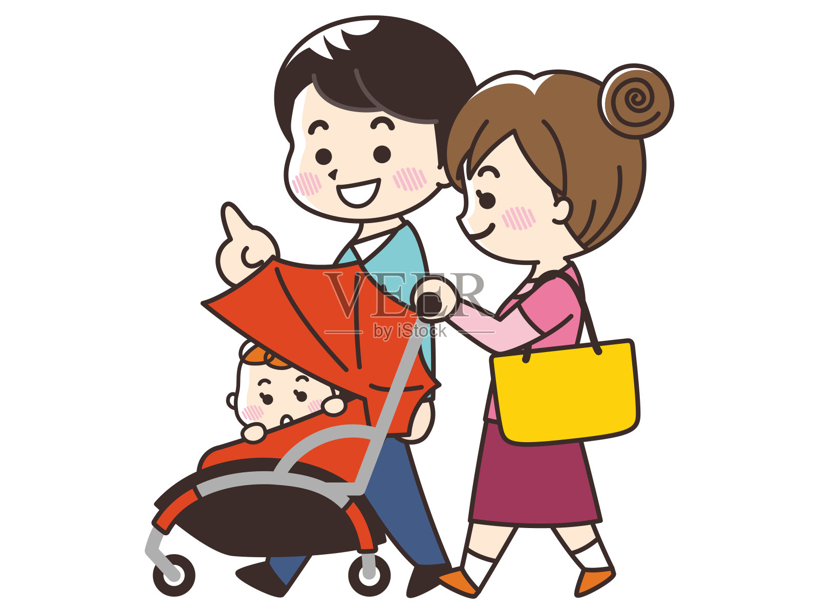 一对正在散步的年轻夫妇和一个婴儿插画图片素材